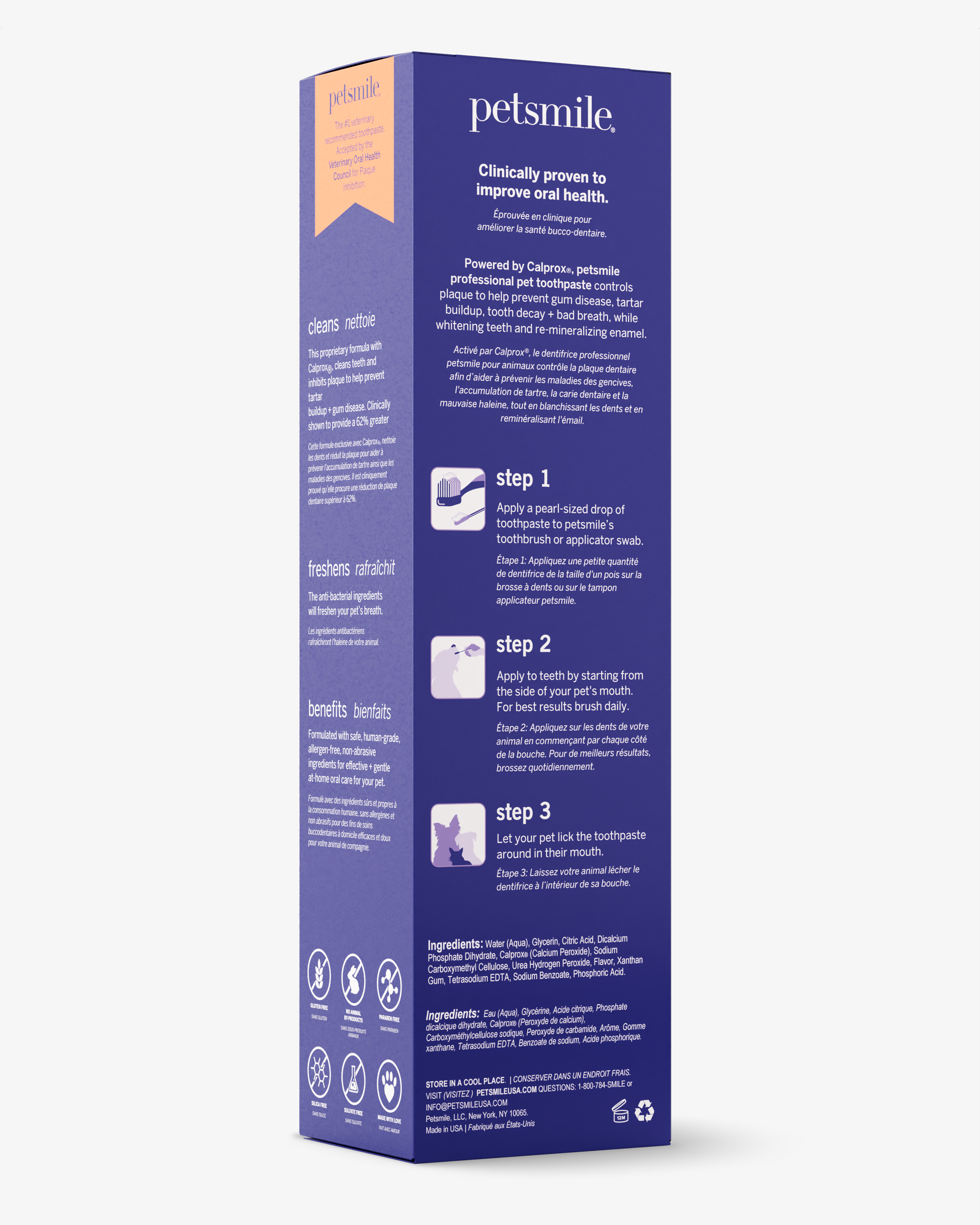 A purple box of petsmile Professional Pet Toothpaste - Say Cheese - Large stands upright, featuring white and light blue text about its Calprox formula for plaque and tartar control, usage instructions with icons, ingredients, and certifications.
