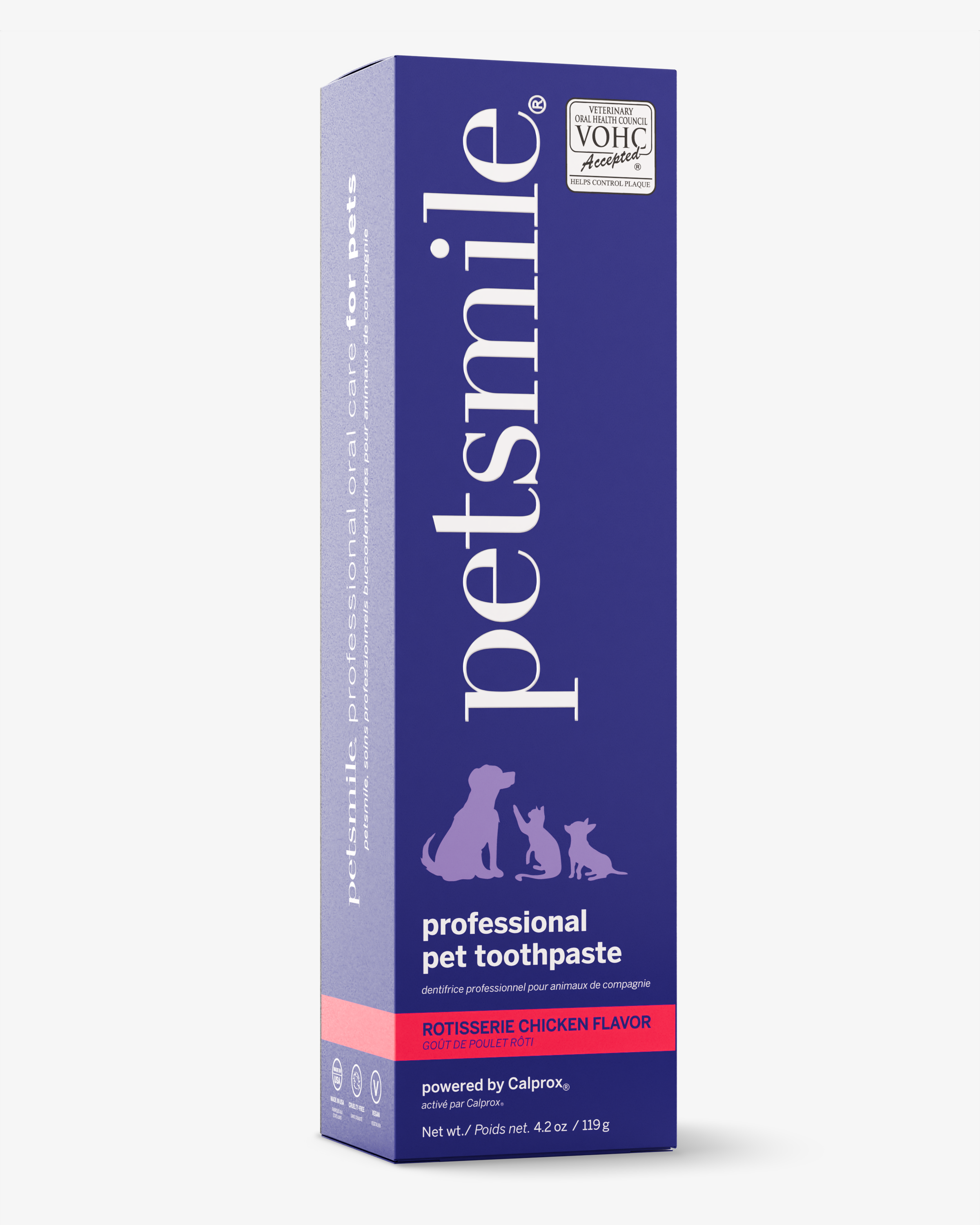 A purple box of petsmile Professional Pet Toothpaste - Rotisserie Chicken Flavor - Large, features white text, pet silhouette graphics, and a VOHC seal on the top right for effective plaque removal with Calprox formula.