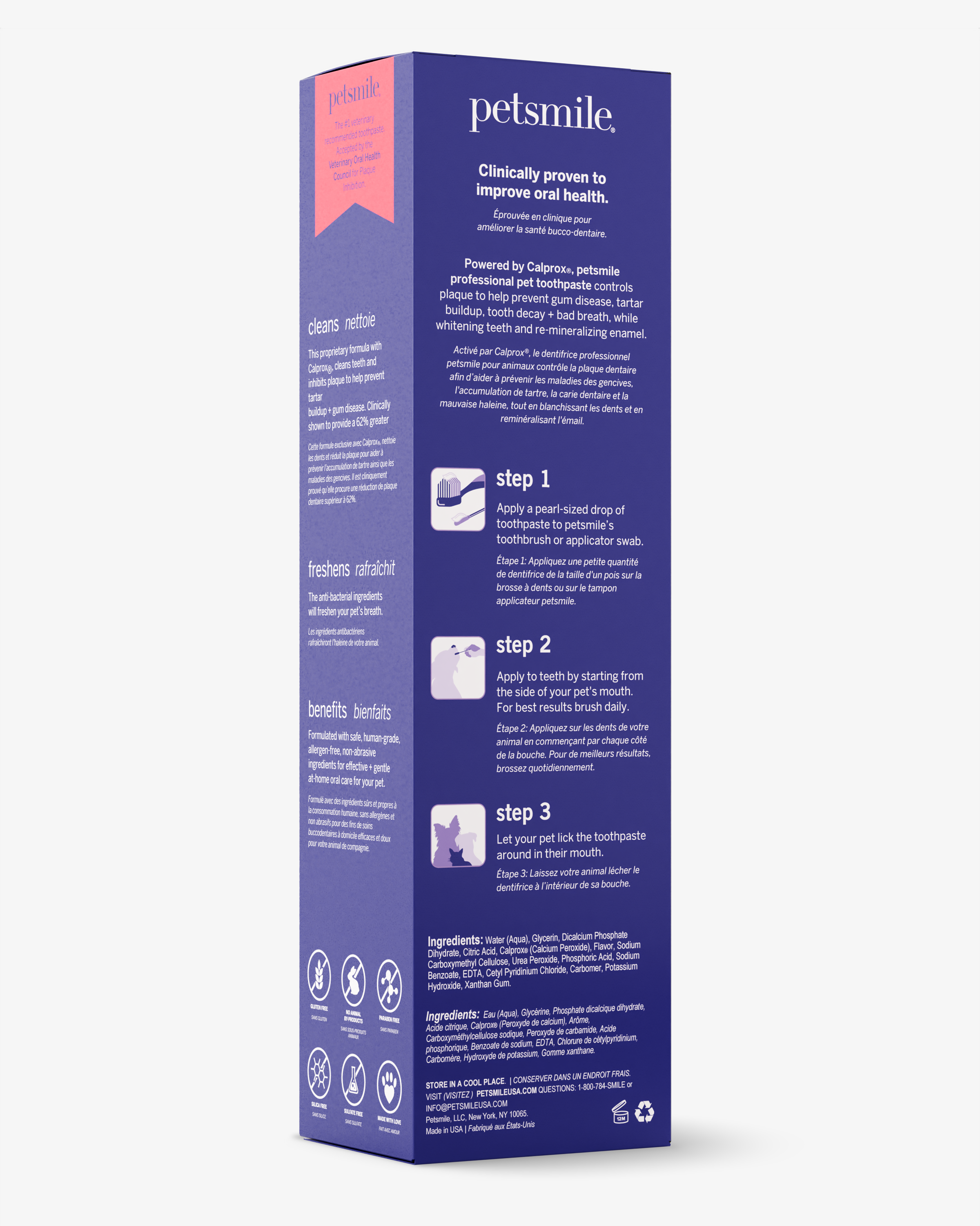 A tall, rectangular Petsmile Professional Pet Toothpaste - Rotisserie Chicken Flavor - Large box shows instructions and benefits in white text on a purple background, plus icons illustrating the three-step plaque removal process.