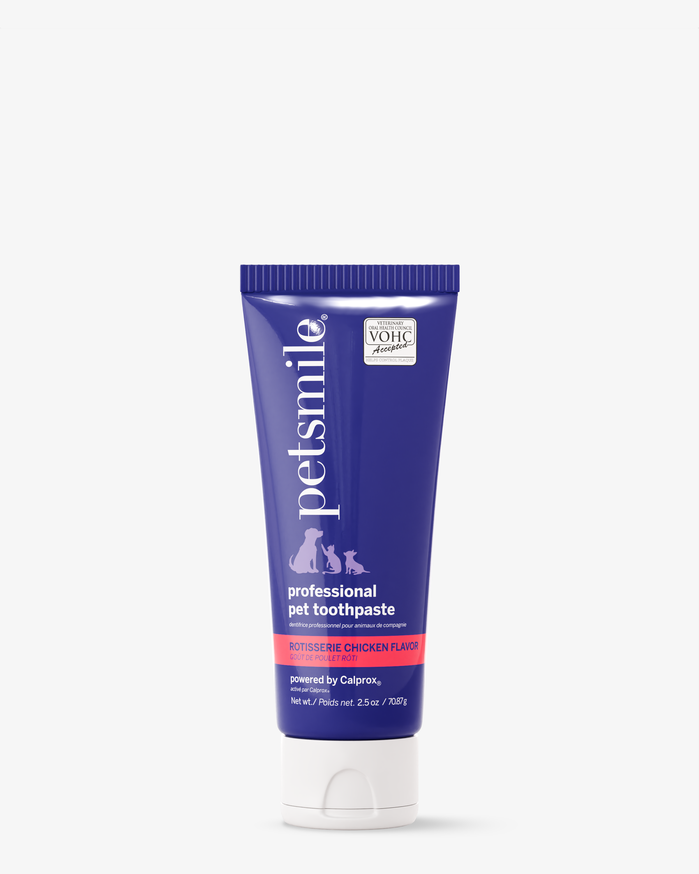 A tube of petsmile Professional Pet Toothpaste - Rotisserie Chicken Flavor - Small, featuring a blue label with white and pink text plus pet silhouettes. VOHC accepted, it uses Calprox® to help prevent dental disease.