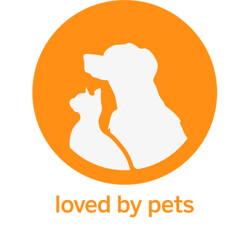 An orange logo features white silhouettes of a dog and a cat sitting side by side above the text loved by pets.