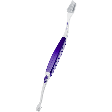 A white and purple toothbrush with bristles on one end and a textured grip handle, shown on a white background.