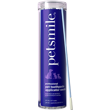 A cylindrical container of Petsmile professional pet toothpaste applicator swabs, featuring white text on a blue background and silhouettes of a dog and cat near the bottom.