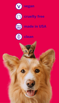 Load image into Gallery viewer, A smiling dog with a kitten on its head appears against a bright pink background. Nearby, icons and text highlight petsmile Professional Cat Toothpaste Rotisserie Chicken Small & Toothbrush as vegan, cruelty free, made in USA, clean, and protective against plaque and tartar.