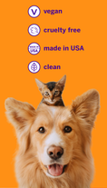 Load image into Gallery viewer, A happy dog with a kitten on its head sits before an orange backdrop. Text and icons highlight: petsmile Professional Pet Toothpaste – London Broil, vegan, cruelty-free, made in USA, clean, VOHC-accepted Calprox® formula for oral health.