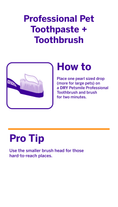 Load image into Gallery viewer, Instructional graphic for petsmile Professional Dog Toothpaste Say Cheese Large & Professional Dog Toothbrush showcases VOHC accepted quality, a pearl-sized drop on the brush, and a tip: use the small brush head for hard-to-reach dental spots.