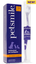 Load image into Gallery viewer, A box and toothbrush packaging for petsmile Professional Dog Toothpaste Say Cheese Large and Professional Dog Toothbrush, featuring animal silhouettes, a NEW! label, VOHC acceptance for dental care, and the visible toothbrush beside the toothpaste box.