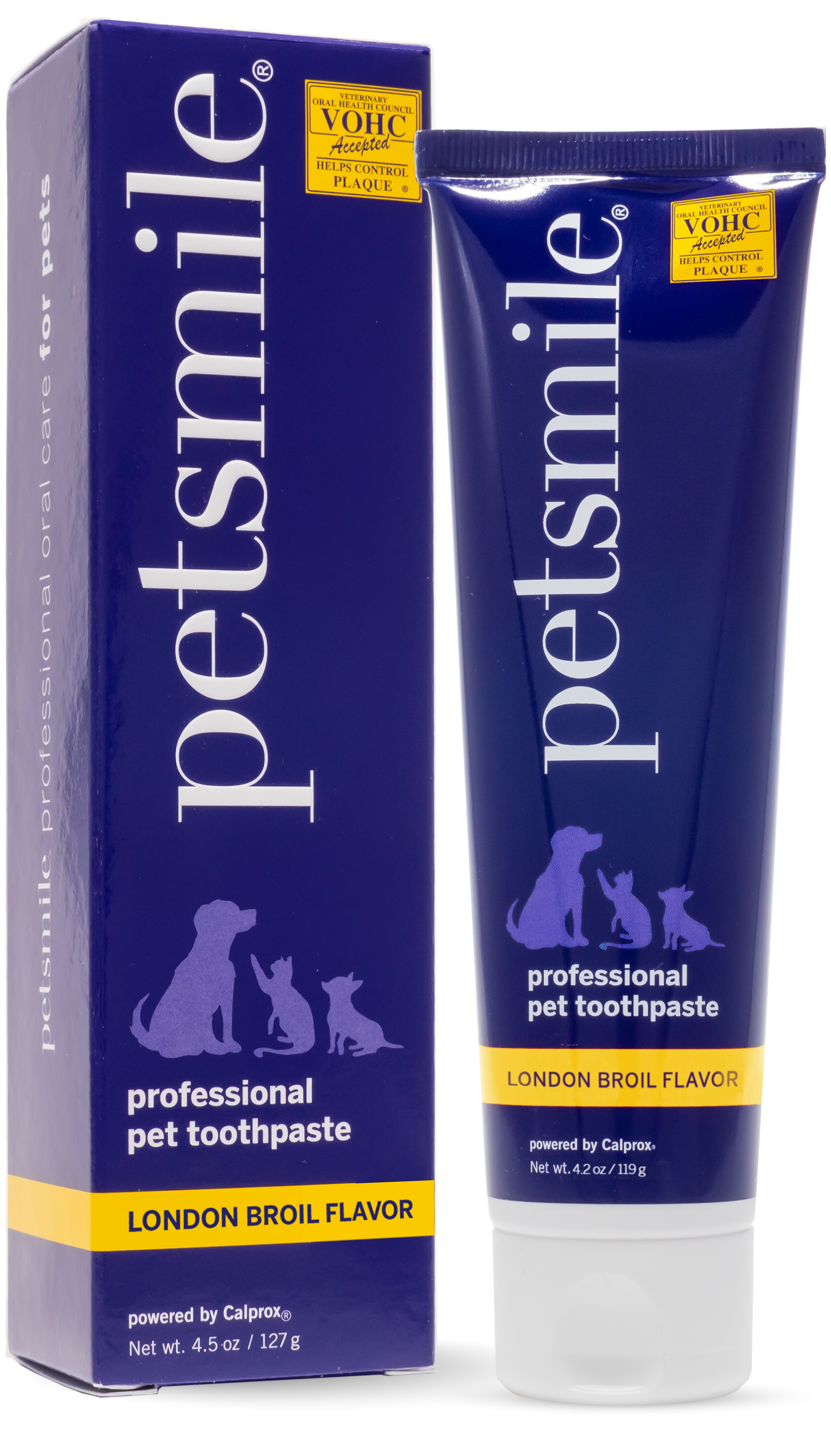A tube and box of petsmile Professional Pet Toothpaste - London Broil Flavor - Large sub, VOHC accepted with Calprox® formula to help prevent dental disease. White text on dark blue with animal silhouettes and a yellow VOHC label.