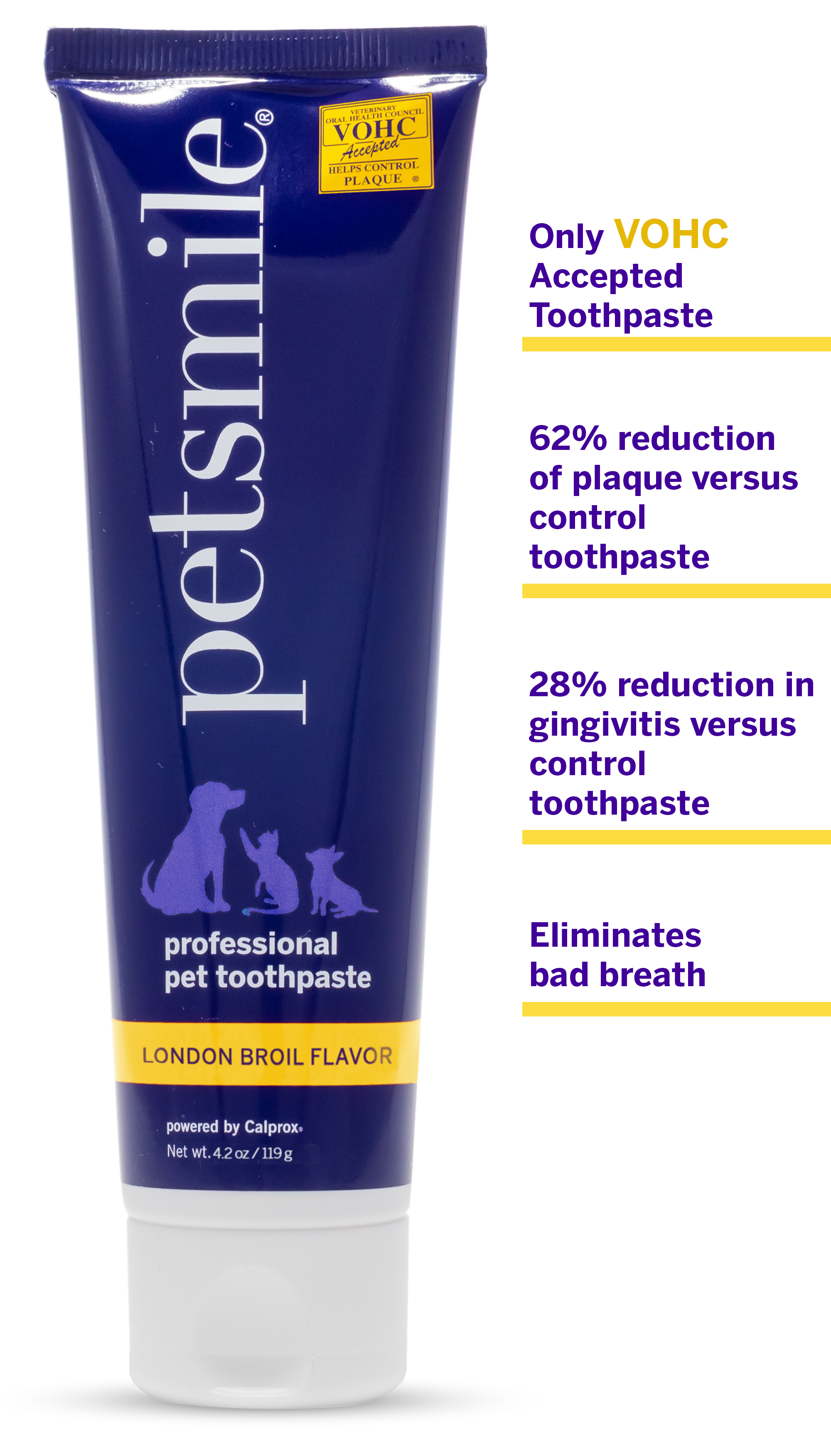 VOHC approved, London Broil flavor , petsmile professional dog toothpaste , 62% greater in plaque reduction, 28% greater in gingivitis reduction , 4.2 OZ of large dog toothapste , Eliminates bad breath, fresh pet toothpaste , 62% less plaque, improved hygiene