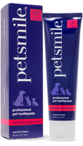 Load image into Gallery viewer, A tube and box of petsmile Professional Dog Toothpaste - Rotisserie Chicken Flavor - Large, with Calprox® for plaque and tartar removal, in blue packaging featuring white/purple text and dog and cat silhouettes.
