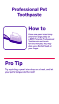 Load image into Gallery viewer, The instructional graphic for petsmile Professional Dog Toothpaste – Rotisserie Chicken Flavor – Large highlights dental care tips with an illustrated brush and Calprox® formula, plus a How to section and a Pro Tip suggesting treats for easier plaque removal.