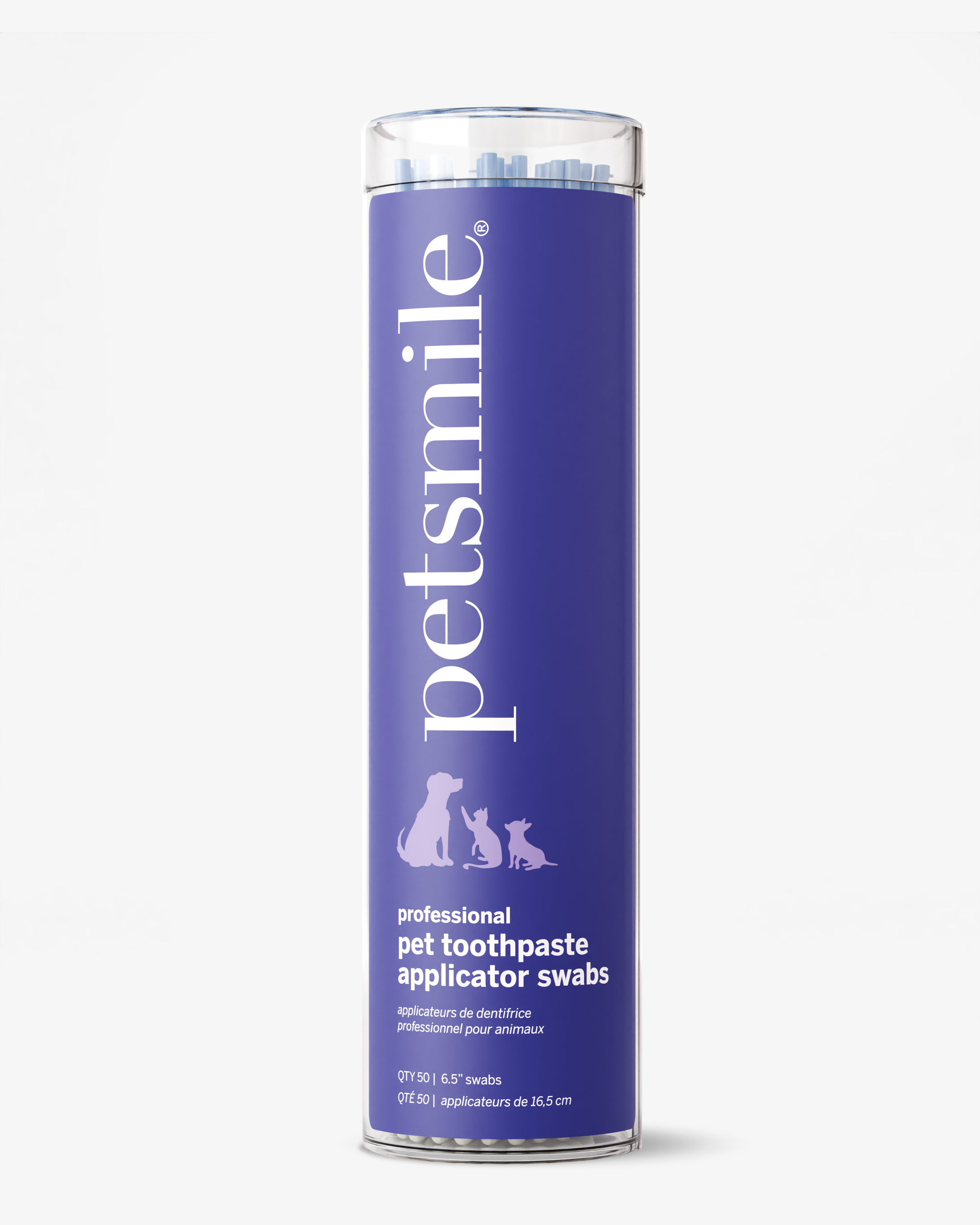 A clear cylinder with a purple petsmile label holds Professional Toothpaste Applicator Swabs for pet dental care, featuring dog and cat silhouettes and white text about the product.