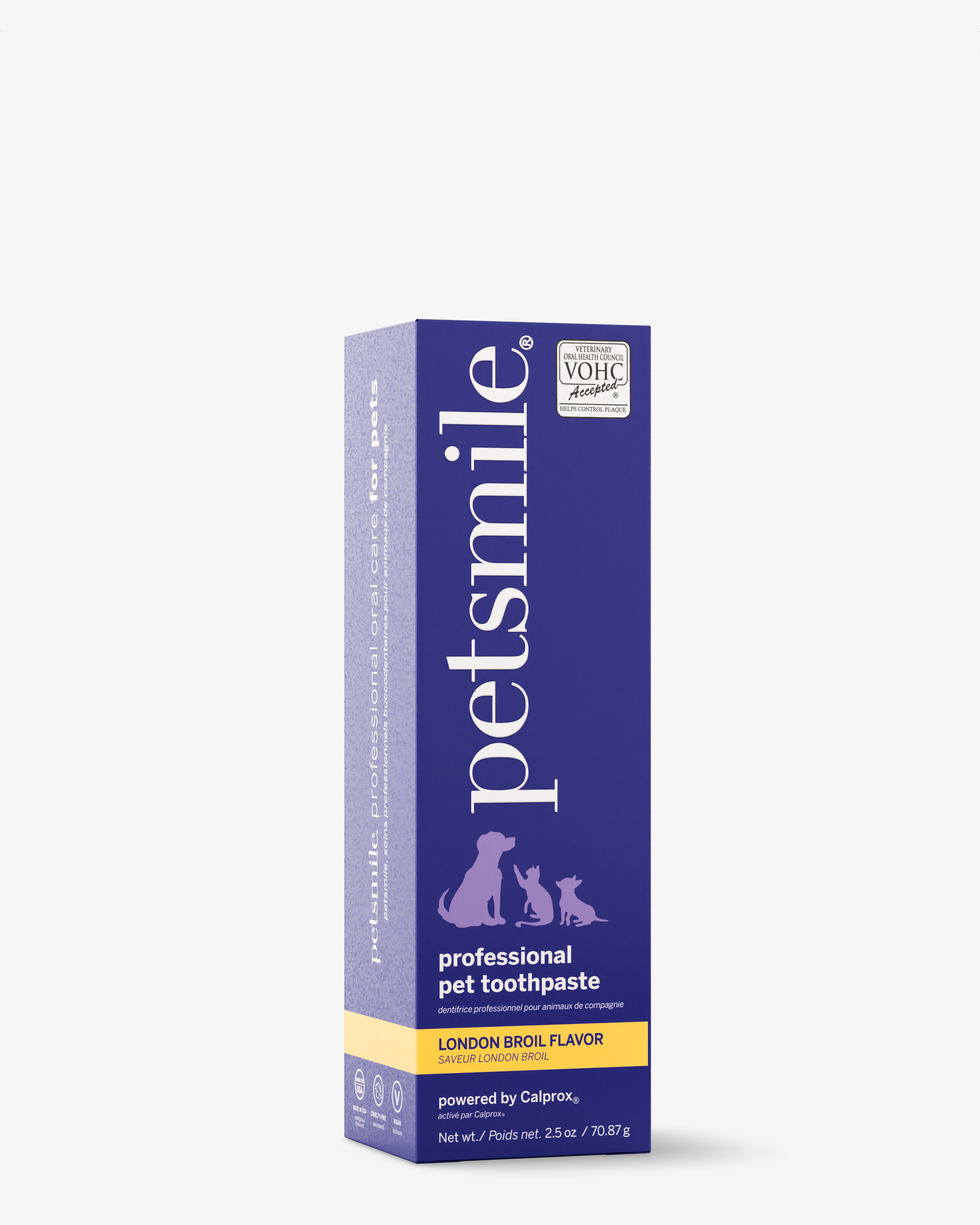 A blue and purple box of petsmile Professional Pet Toothpaste - London Broil Flavor - Small, showing a cat and two dogs, labeled VOHC accepted and powered by Calprox® to help fight plaque and tartar.