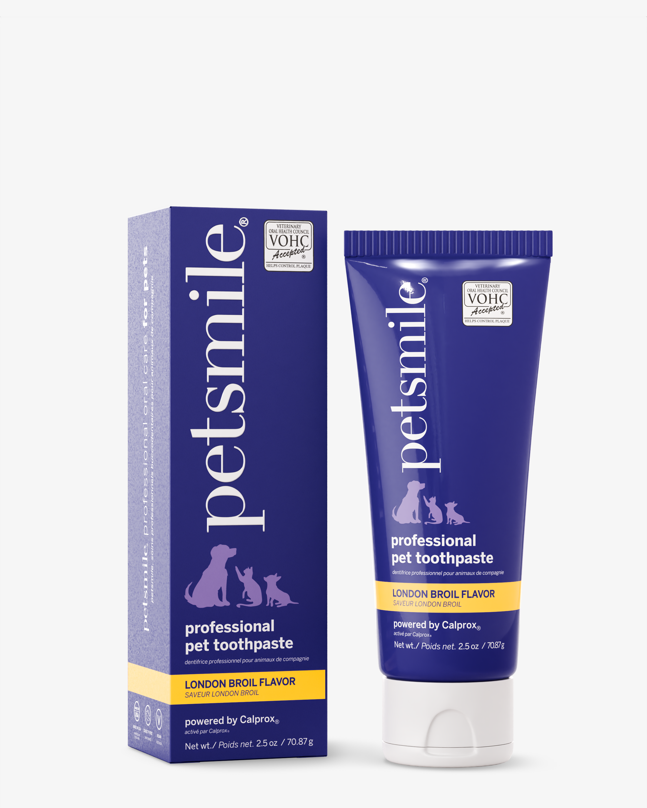 A purple box and matching tube of petsmile Professional Pet Toothpaste, London Broil Flavor - Large, for pets. Both show white/yellow text, the VOHC Accepted seal, cat and two dog images, and highlight Calprox formula for dental disease prevention.