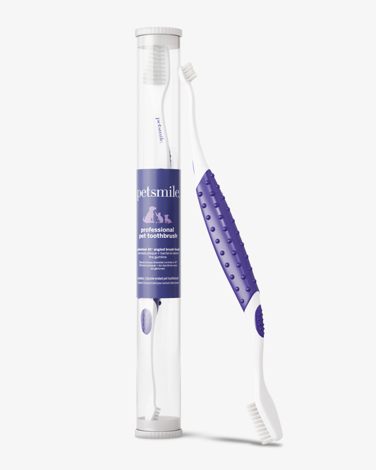 The petsmile Professional Pet Toothbrush, shown inside and outside a clear cylindrical case labeled petsmile professional pet toothbrush, features double heads and purple/white handles. Also available: Professional Toothpaste Rotisserie Chicken Small.