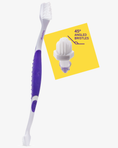 Load image into Gallery viewer, A white and purple petsmile Professional Pet Toothbrush with a patented 45° dual-ended brush head and DuPont® soft nylon bristles, shown on a yellow background with an inset highlighting the angled bristles for pet oral health.
