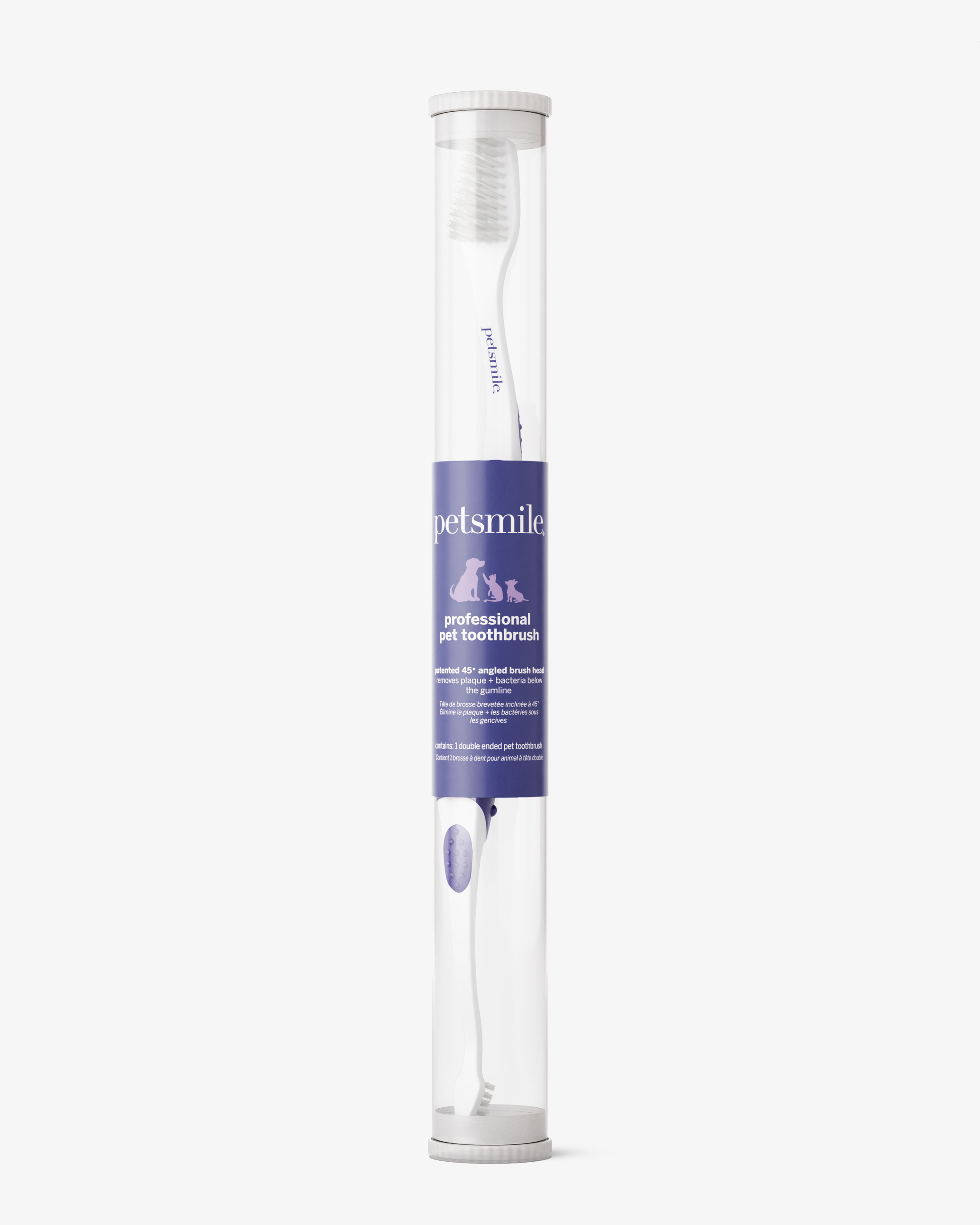 The petsmile Professional Pet Toothbrush, featuring a patented 45° dual-ended brush head with DuPont® soft nylon bristles, comes in a clear case with a purple label—ideal for maintaining your pet’s oral health.
