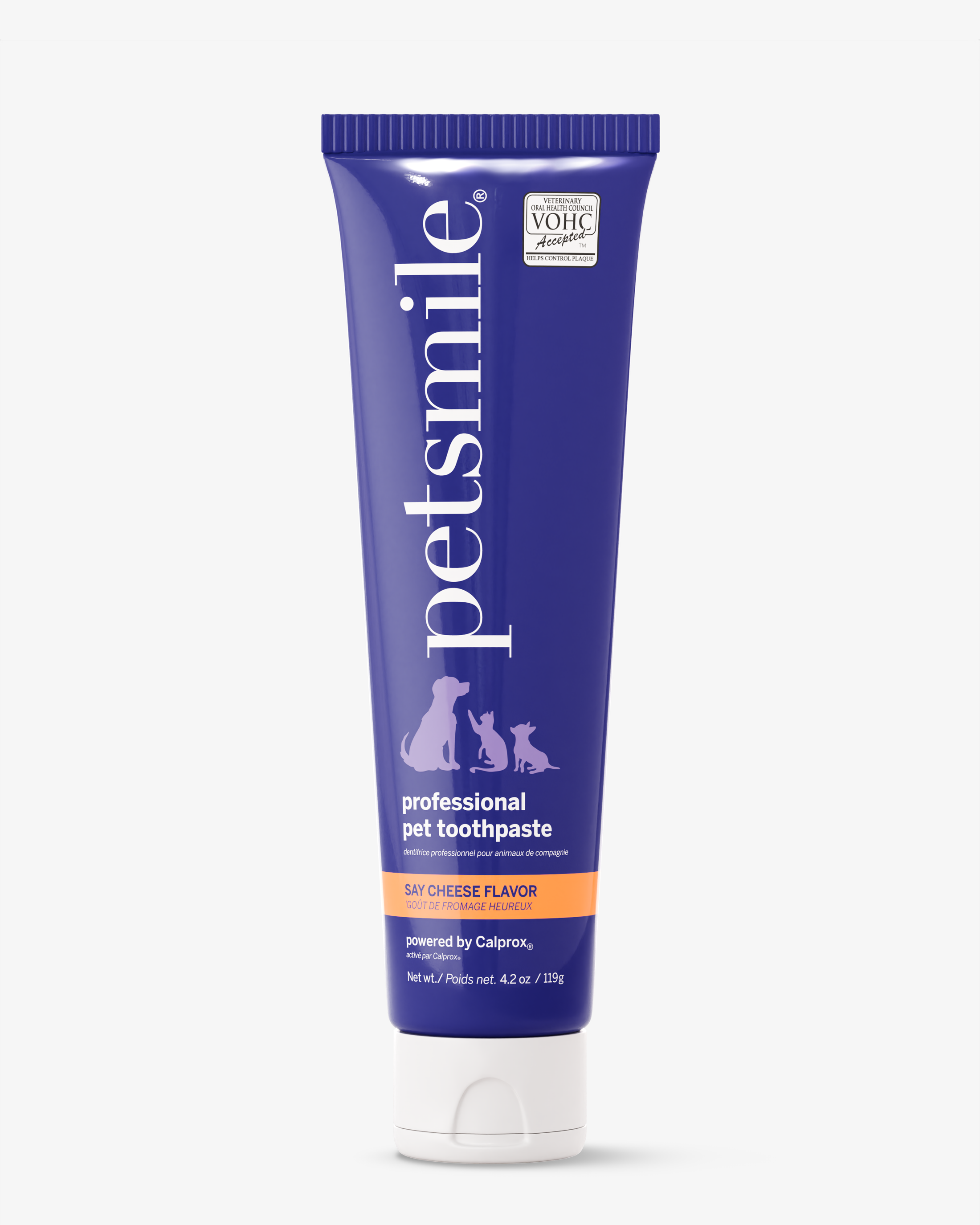 A 4.2 oz (119g) tube of petsmile Professional Pet Toothpaste - Say Cheese - Large, in purple packaging with dog and cat silhouettes, features the Calprox formula to fight plaque and tartar.