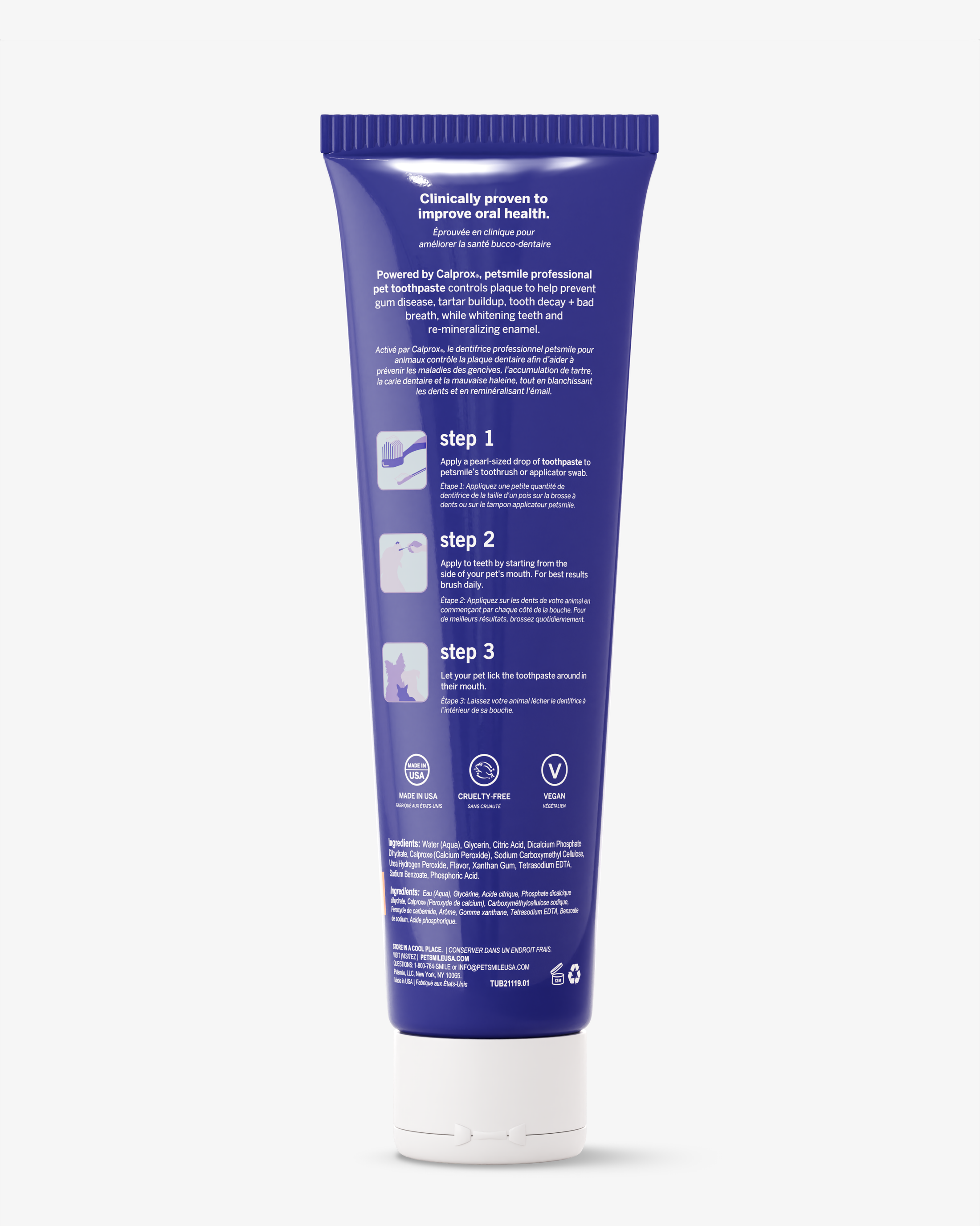 A blue tube of petsmile Professional Pet Toothpaste - Say Cheese - Large features white text, three-step directions with icons, Calprox formula benefits for plaque and tartar removal, plus vegan and cruelty-free symbols on a white background.