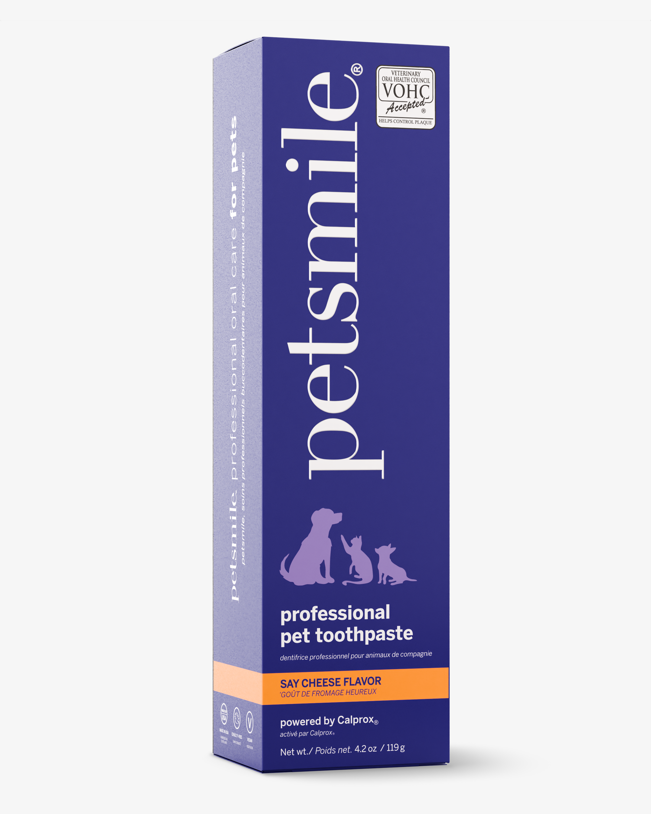 A box of petsmile Professional Pet Toothpaste - Say Cheese - Large in a purple package with dog and cat silhouettes, the VOHC seal, and advanced Calprox formula for professional pet dental care.