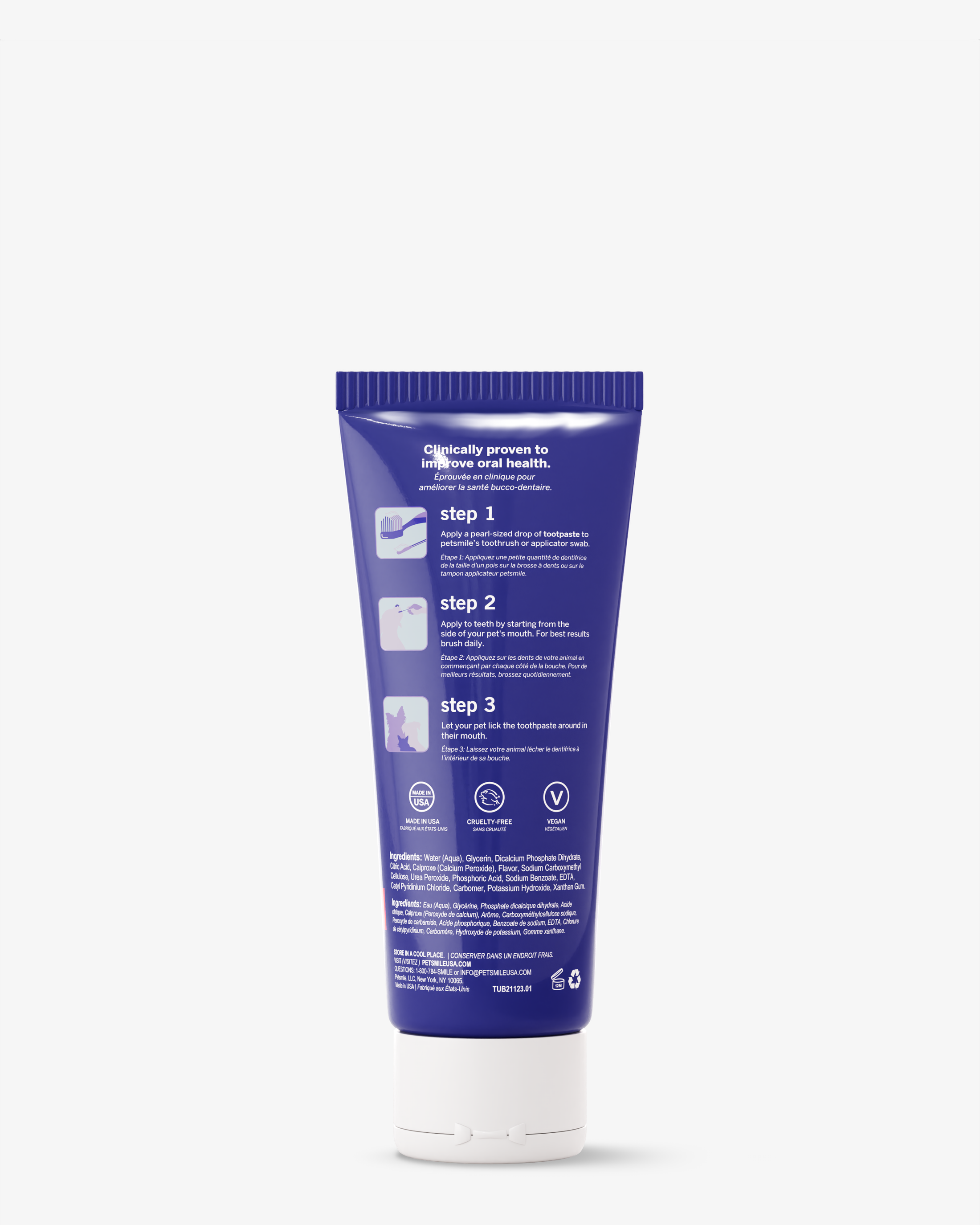 A blue tube of petsmile Professional Pet Toothpaste - Rotisserie Chicken Flavor - Small is shown from the back, featuring three-step directions with icons, product details, and VOHC accepted toothpaste certification symbols near the bottom.
