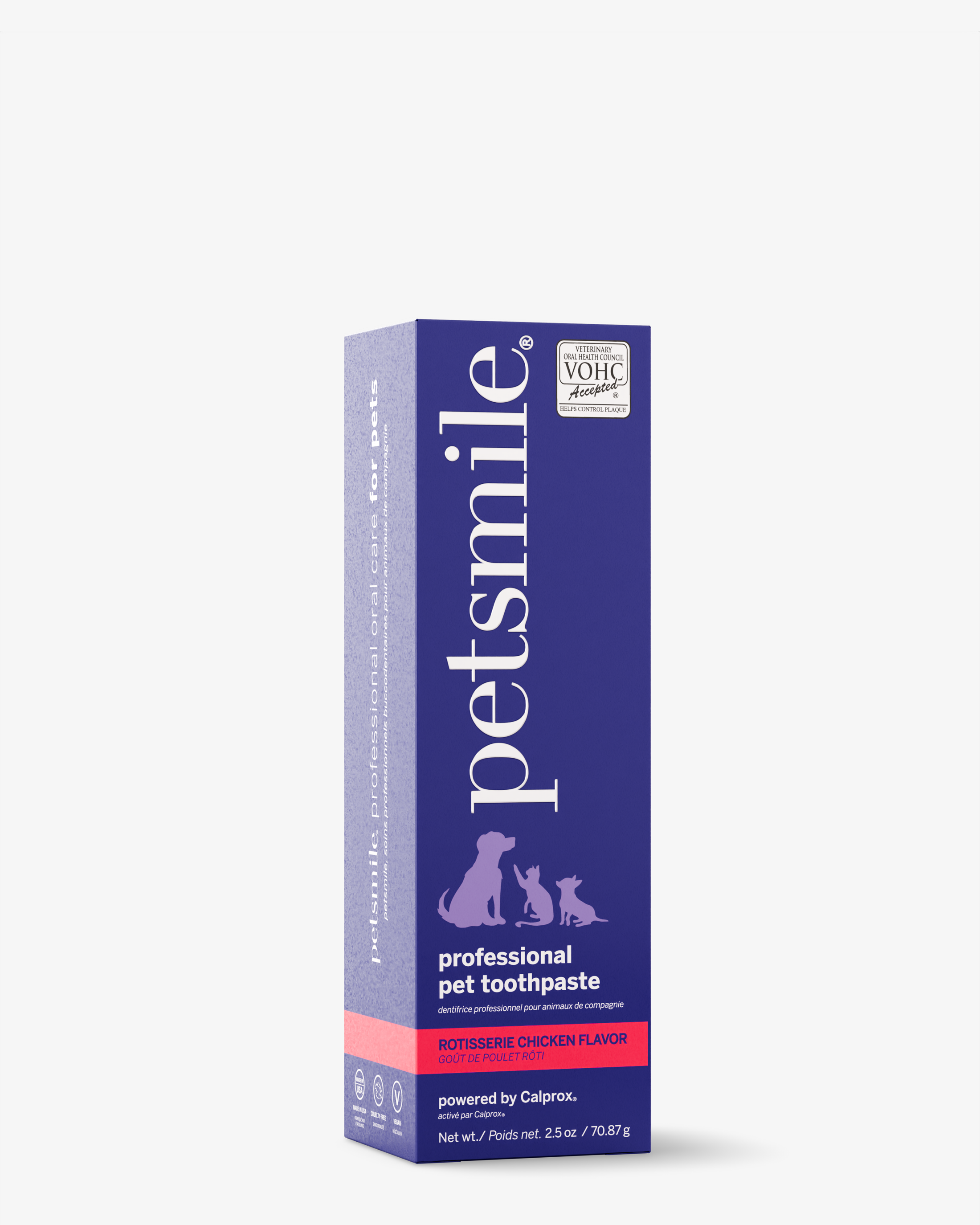 A box of petsmile Professional Pet Toothpaste - Rotisserie Chicken Flavor - Small, VOHC accepted with Calprox®, prevents dental disease, featuring dog, cat, and rabbit on blue and purple packaging with white and red text.