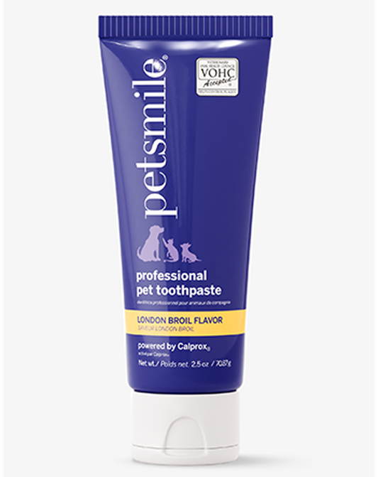 A 2.5 oz (70 g) tube of petsmile The Starter pet toothpaste in London Broil flavor, featuring a dark blue design with white and yellow text and pet silhouettes on the front.