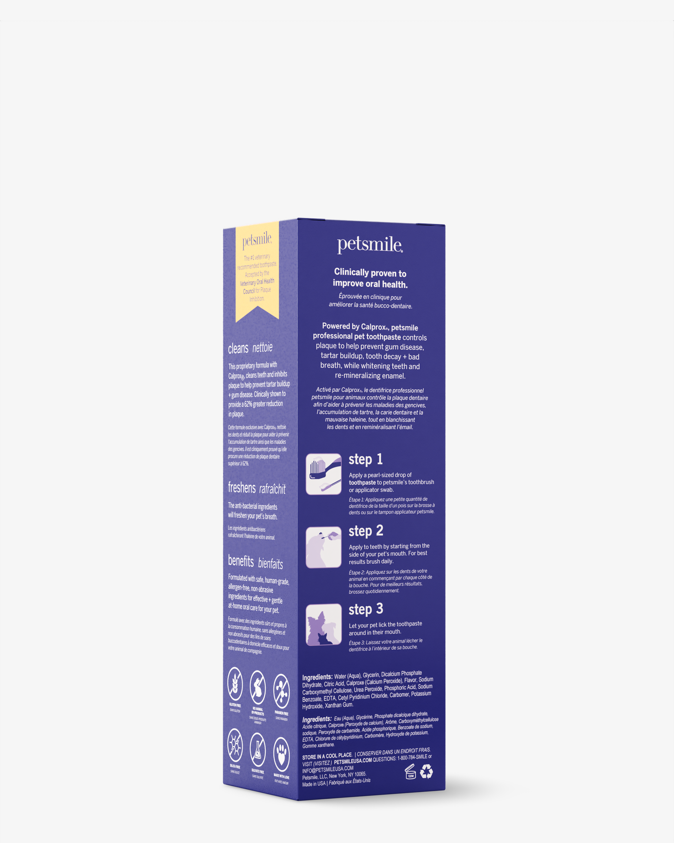 A purple box of petsmile Professional Toothpaste London Broil Small & Professional Pet Toothbrush features the Calprox formula. The back displays usage steps, benefits, and ingredients in white and yellow text, with icons below for advanced dental care.
