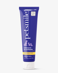 Load image into Gallery viewer, A tube of petsmile Professional Toothpaste London Broil Large with a professional pet toothbrush stands upright on a white background, featuring a purple label with white text and dog and cat silhouettes; formulated for advanced dental care.
