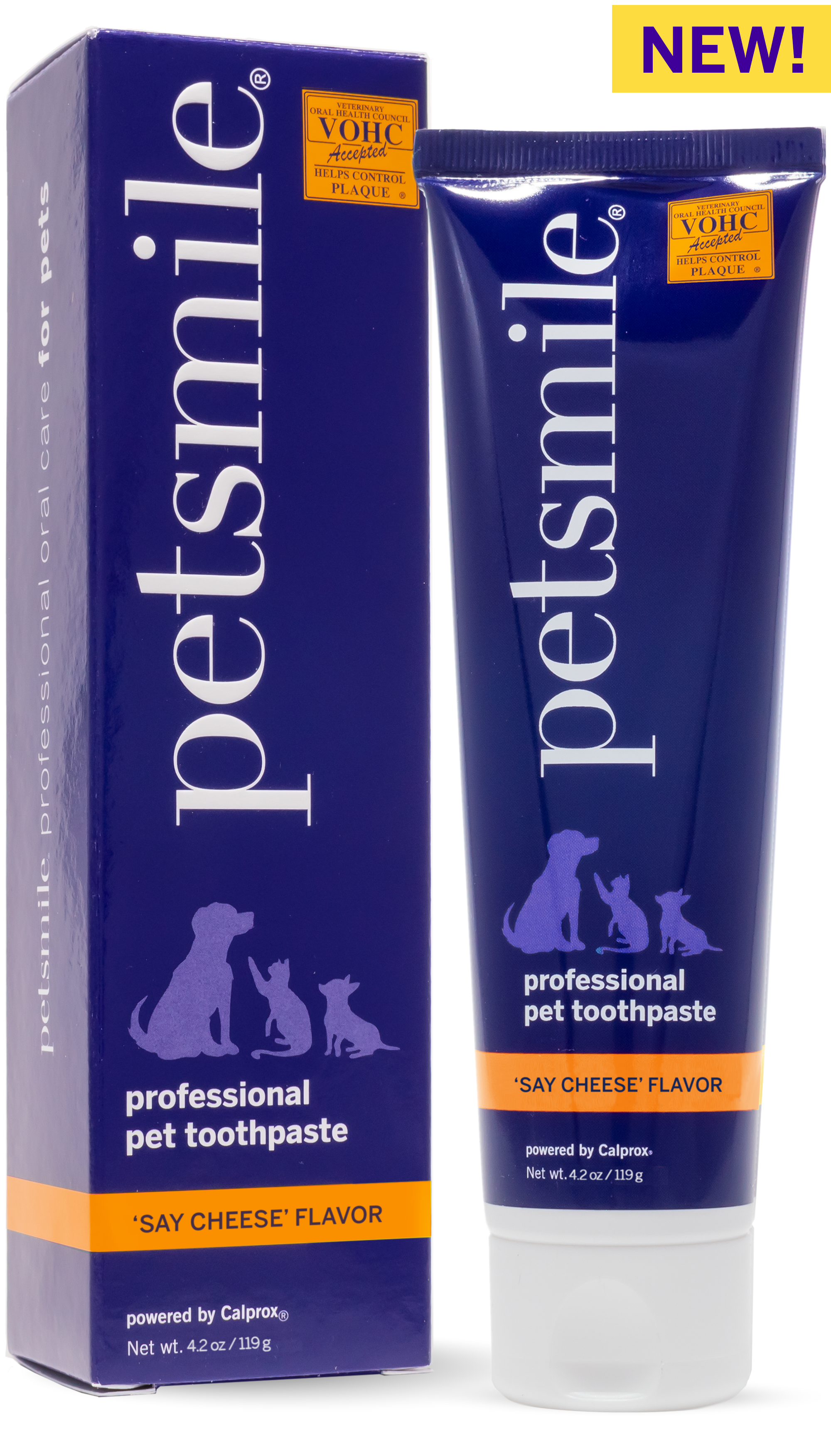 A box and tube of petsmile Professional Pet Toothpaste, London Broil Flavor with Calprox® formula, displaying dog, cat, and rabbit silhouettes. A yellow NEW! label appears at the top right corner of this VOHC accepted toothpaste image.
