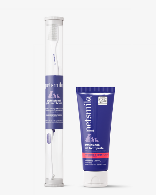 A petsmile Professional Toothpaste Rotisserie Chicken Small and a Professional Pet Toothbrush are displayed side by side—both designed for optimal pet dental care.