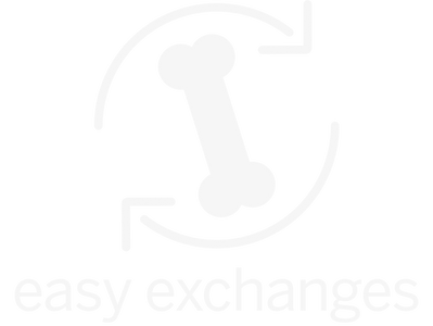 A white icon of a cardboard box with two arrows on its sides, symbolizing exchange or return, above the words “easy exchanges” in lowercase letters.