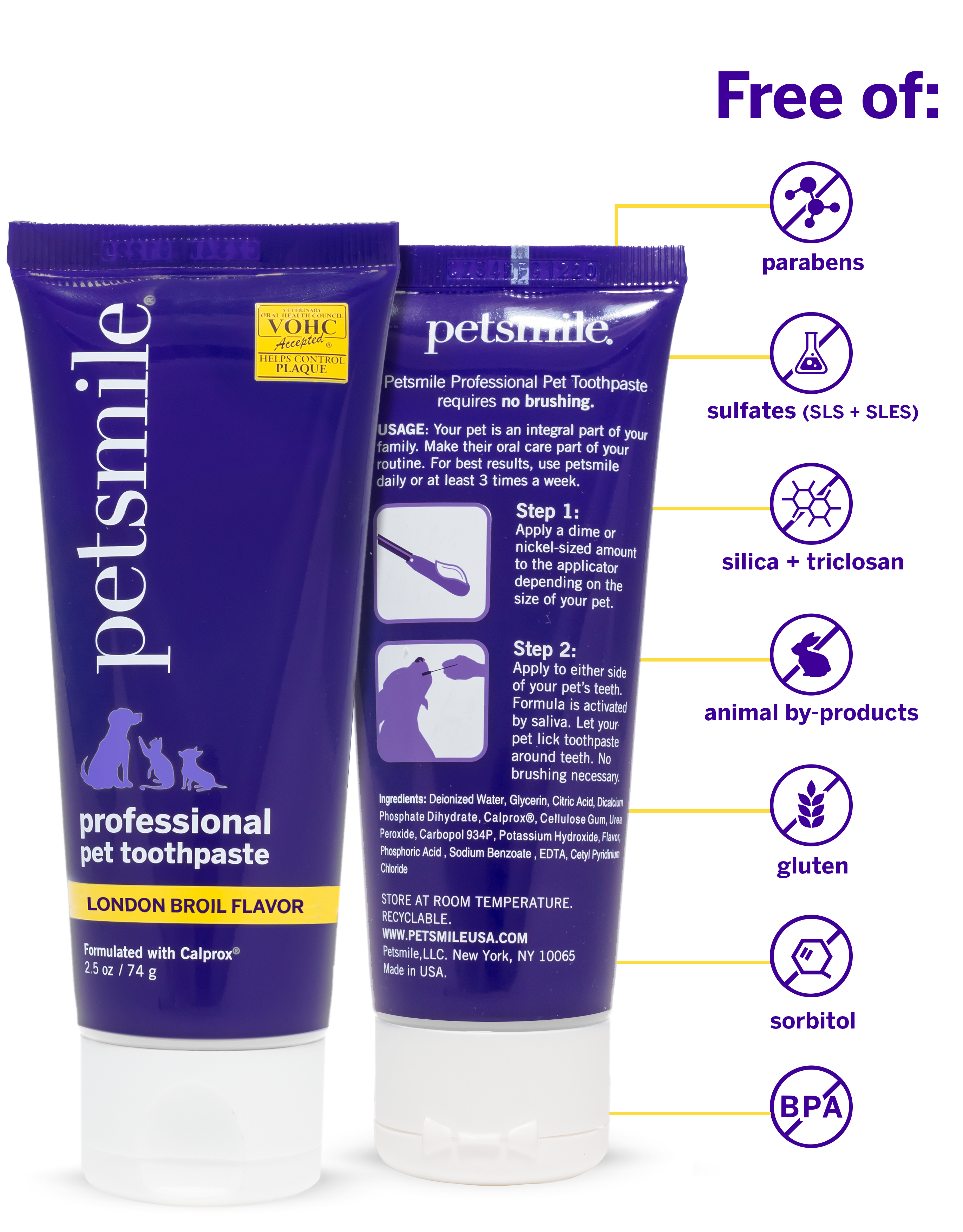 small tube of London Broil toothpaste , small purple tube of petsmile toothpaste , small petsmile professional pet toothpaste , BPA-free, safe for pets , Vegan-friendly, cruelty-free-product , Reduce plaque and gingivitis