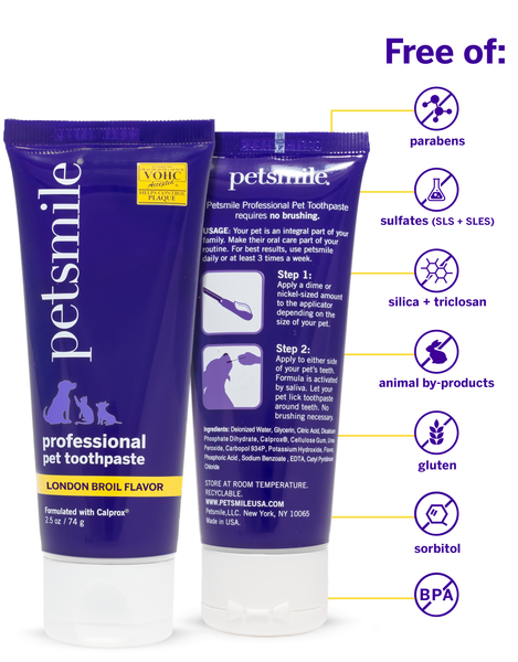 small tube of London Broil toothpaste , small purple tube of petsmile dog toothpaste , small petsmile professional dog toothpaste , BPA-free, safe for dogs , Vegan-friendly, cruelty-free-product , Reduce plaque and gingivitis