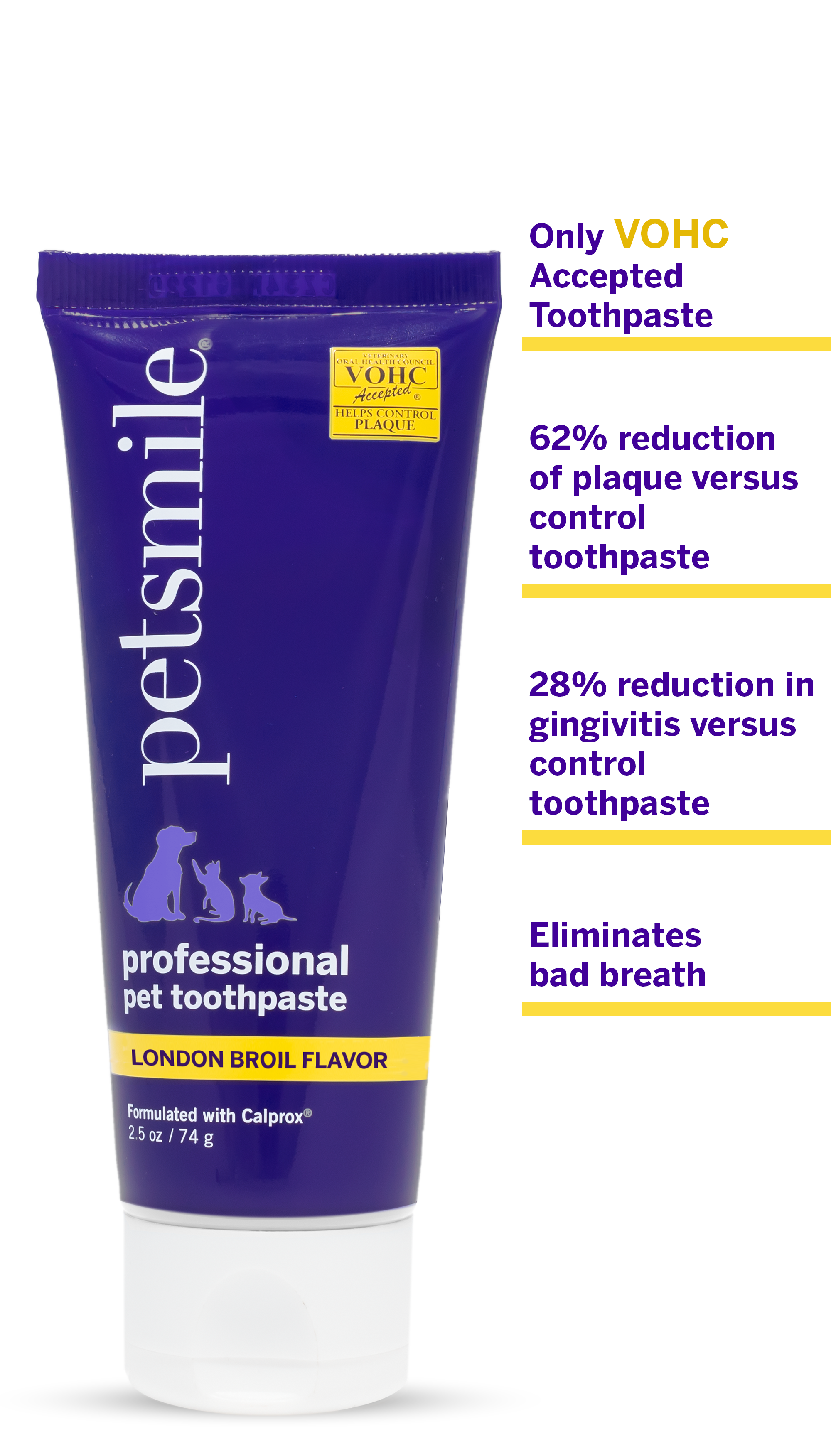 Small tube, big results , 2.5 OZ of small pet toothapste , Clinically tested, superior results , petsmile professional pet toothpaste , One small puruple tube of petsmile toothpaste for pets , 62% greater in plaque reduction, 28% greater in gingivitis reduction
