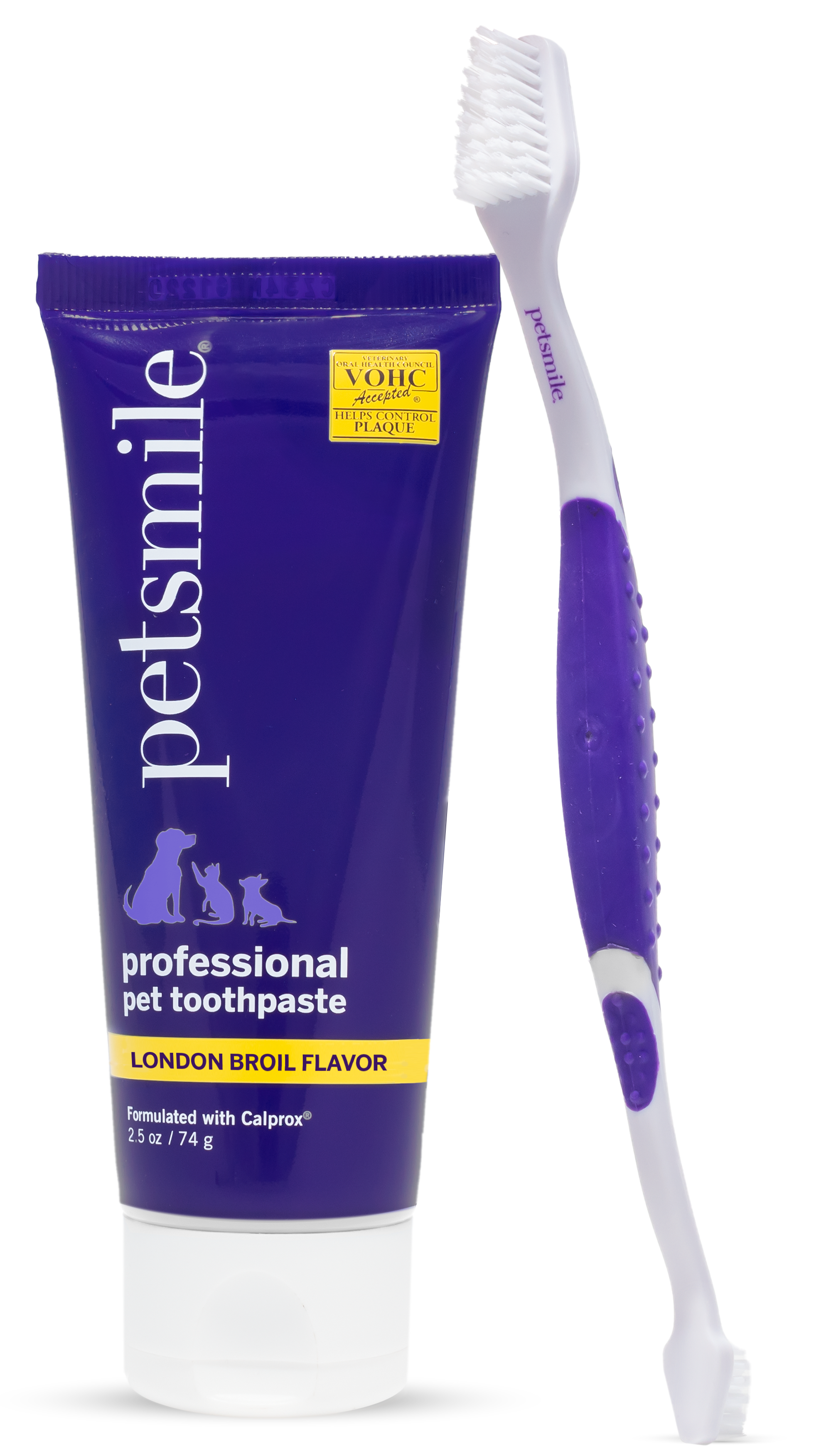 A tube of petsmile Petsmile Auto-Ship 4 Month Supply - Subscribe & Save toothpaste in London Broil flavor stands next to a purple and white toothbrush with textured grips, providing an easy way to support your pet’s oral health.