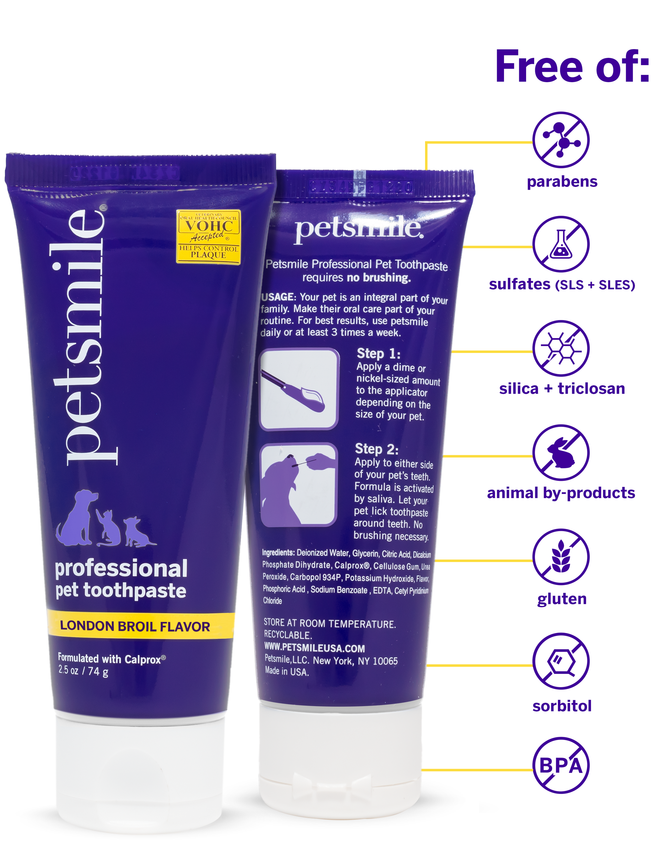Two purple tubes of petsmile Auto-Ship 4 Month Supply are shown, labeled London Broil flavor and free from parabens, sulfates, and BPA. This veterinarian-recommended formula supports your pet’s oral health with gentle ingredients.