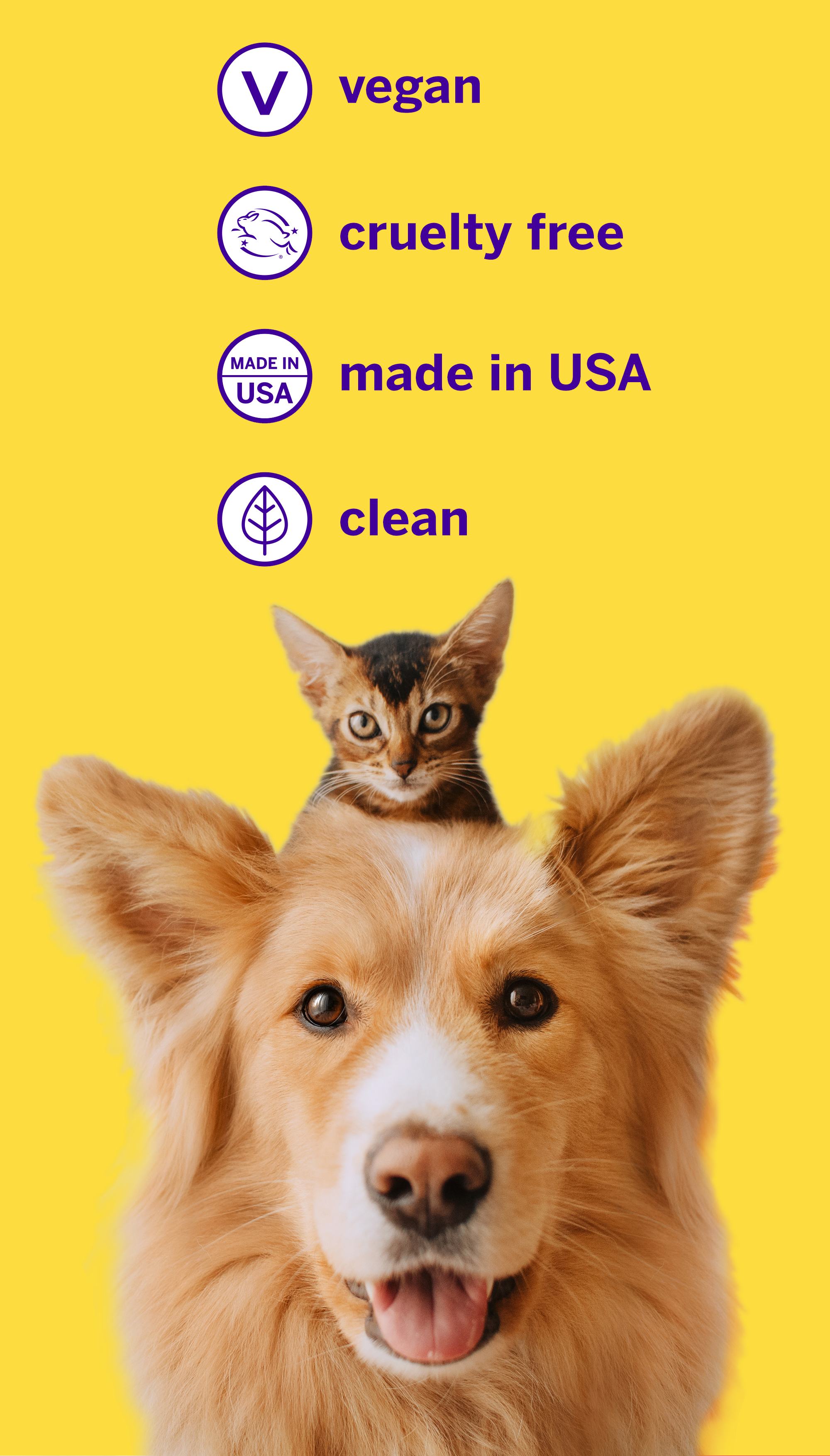 A golden dog smiles with a kitten on its head against a yellow background as icons highlight “vegan,” “cruelty free,” “made in USA,” and “clean” for petsmile Petsmile Auto-Ship 4 Month Supply - Subscribe & Save toothpaste.