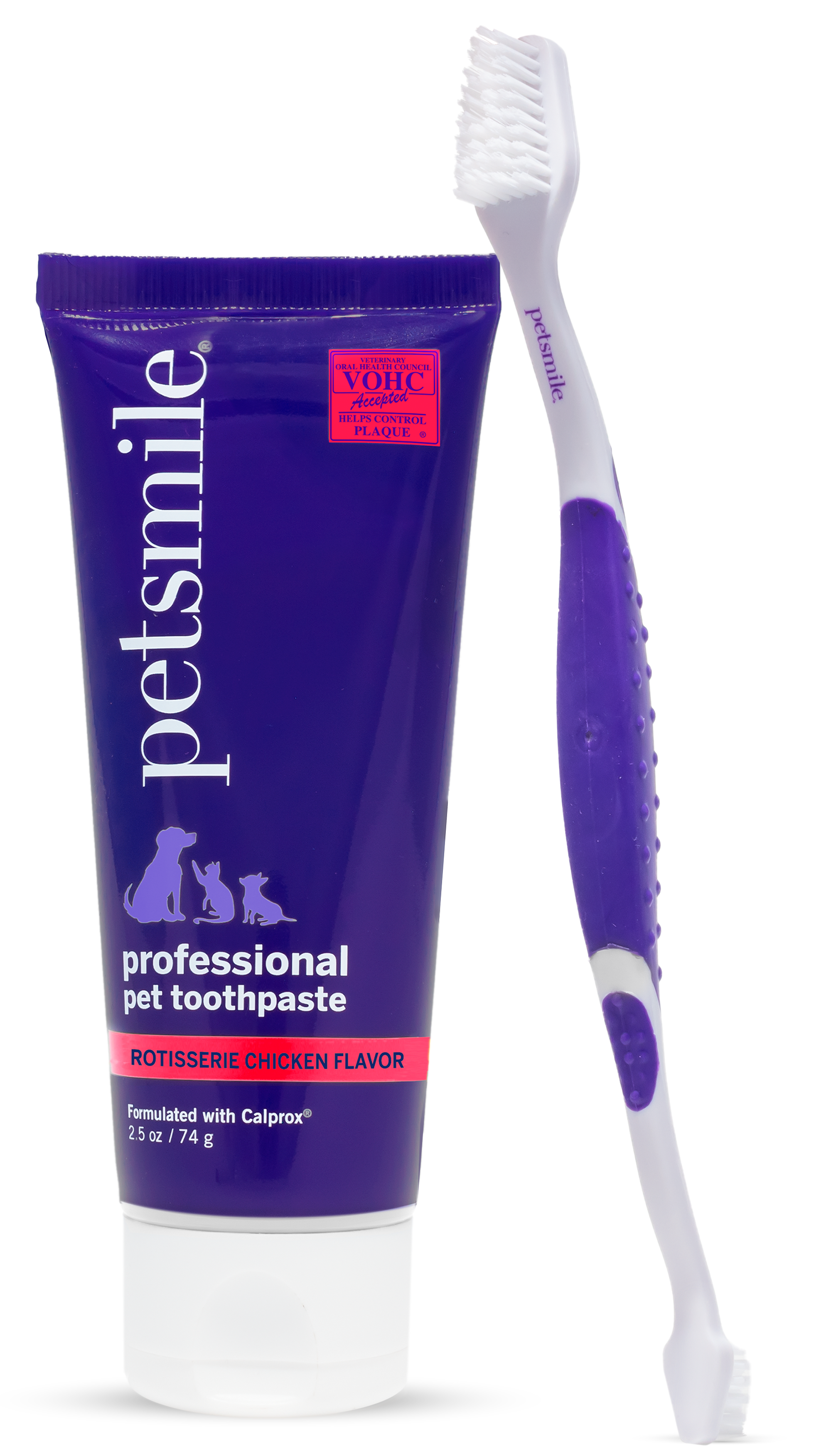 Complete dental care for dogs , Purple petsmile dog brush and toothpaste kit , 45-degree angle brush and toothpaste , VOHC approved dog toothpaste in Roisserie Chicken flavor , petsmile dental care for professional results
