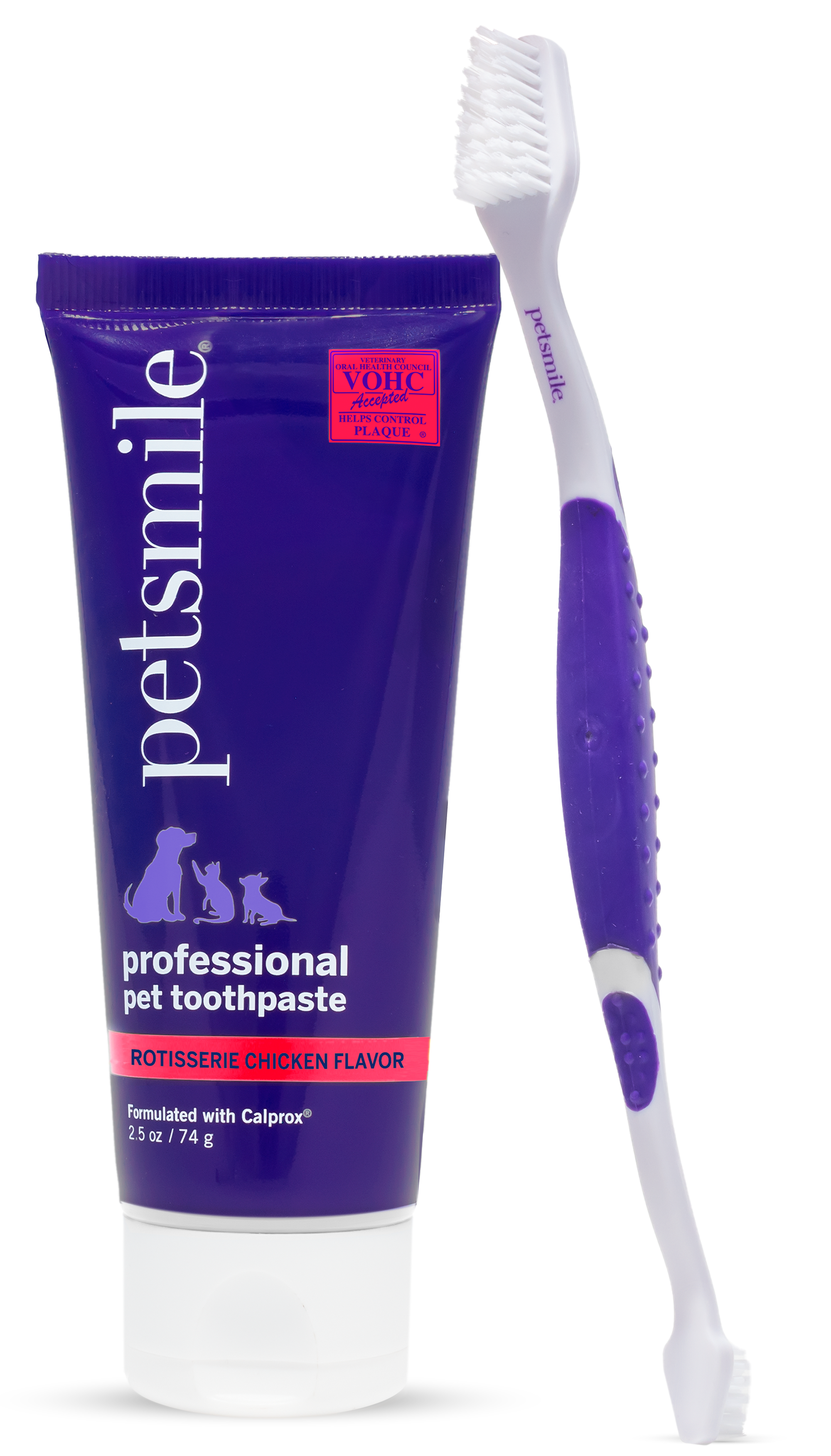 A tube of petsmile Professional Cat Toothpaste Rotisserie Chicken Small stands upright next to a Professional Cat Toothbrush with textured grips, helping remove plaque and tartar to prevent dental disease.