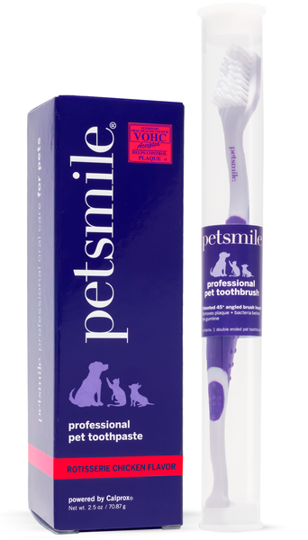 Small tube of purple petsmile toothpaste , petsmile professional toothpaste with chicken flavor , Professional-grade brush and toothpaste combo , Small toothbrush and toothpaste in Chicken flavor , petsmile dental care for professional results