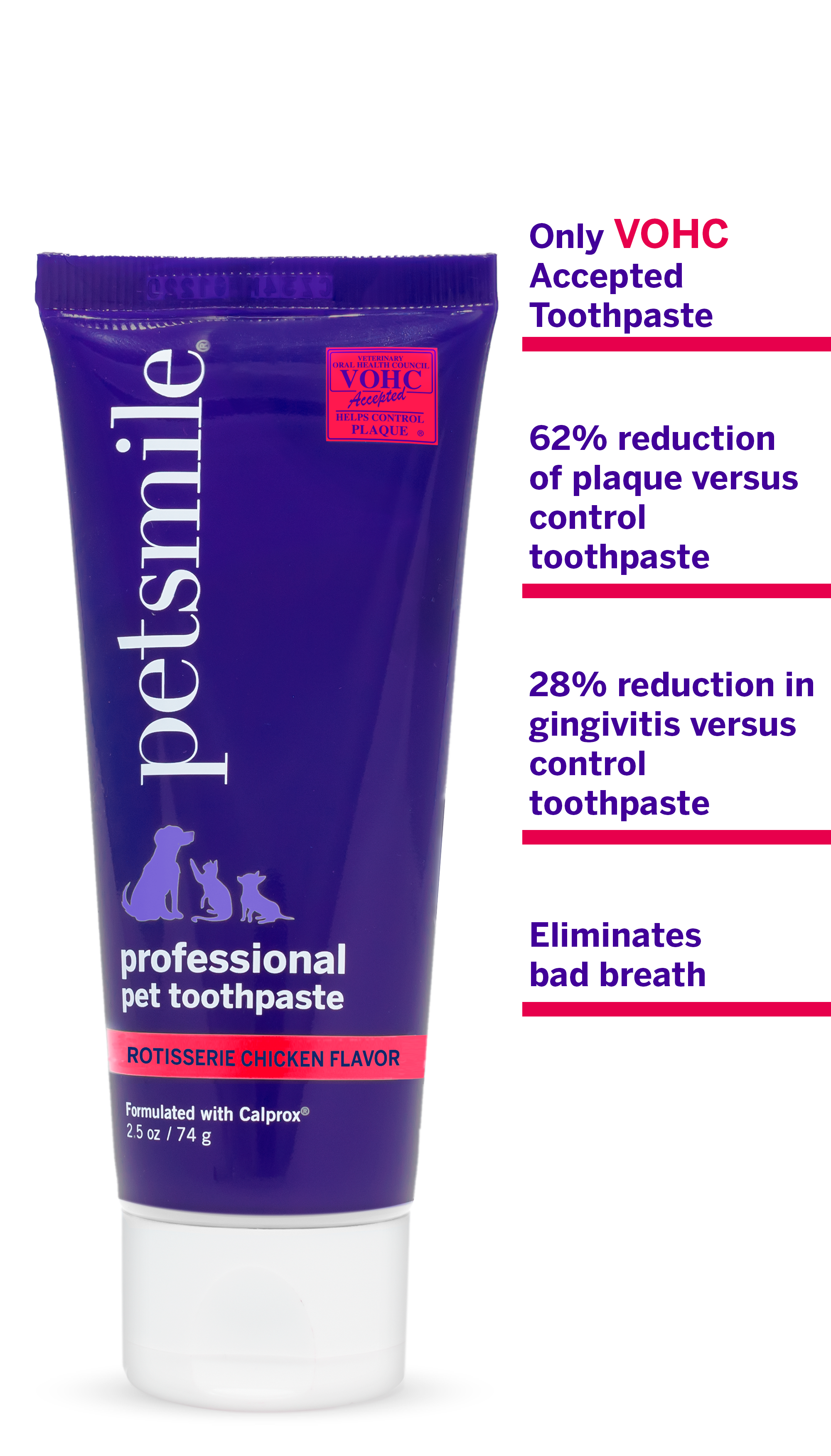 VOHC approved, Roisserie Chicken flavor , Small purple bottled petsmile cat toothpaste in Chicken Flavor , 62% greater in plaque reduction, 28% greater in gingivitis reduction , Professional-grade cat brush and toothpaste combo , petsmile dental care for professional results