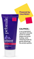 Load image into Gallery viewer, A tube of petsmile Professional Cat Toothpaste Rotisserie Chicken Small and the Professional Cat Toothbrush are shown. Text highlights CALPROX®, which helps inhibit plaque and tartar. Bold geometric shapes appear in the background.
