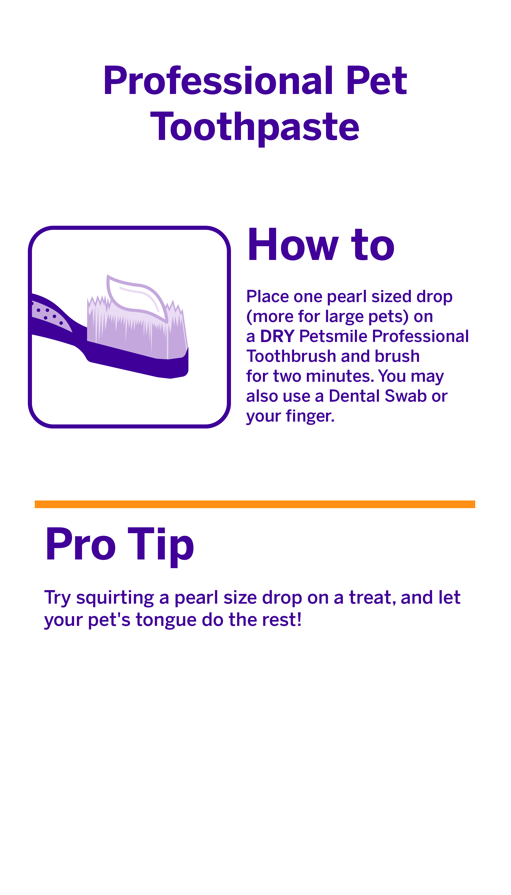 Instructional poster for petsmile Professional Pet Toothpaste - Say Cheese - Large. Features a toothbrush with paste, usage directions, and a tip: put paste on a treat to help reduce plaque and tartar. Displayed in purple and orange text.