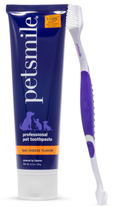 Load image into Gallery viewer, A tube of petsmile Professional Dog Toothpaste Say Cheese Large stands upright beside a professional dog toothbrush, both ideal for at-home veterinary dental care. The packaging features pet silhouettes and the trusted petsmile brand.

