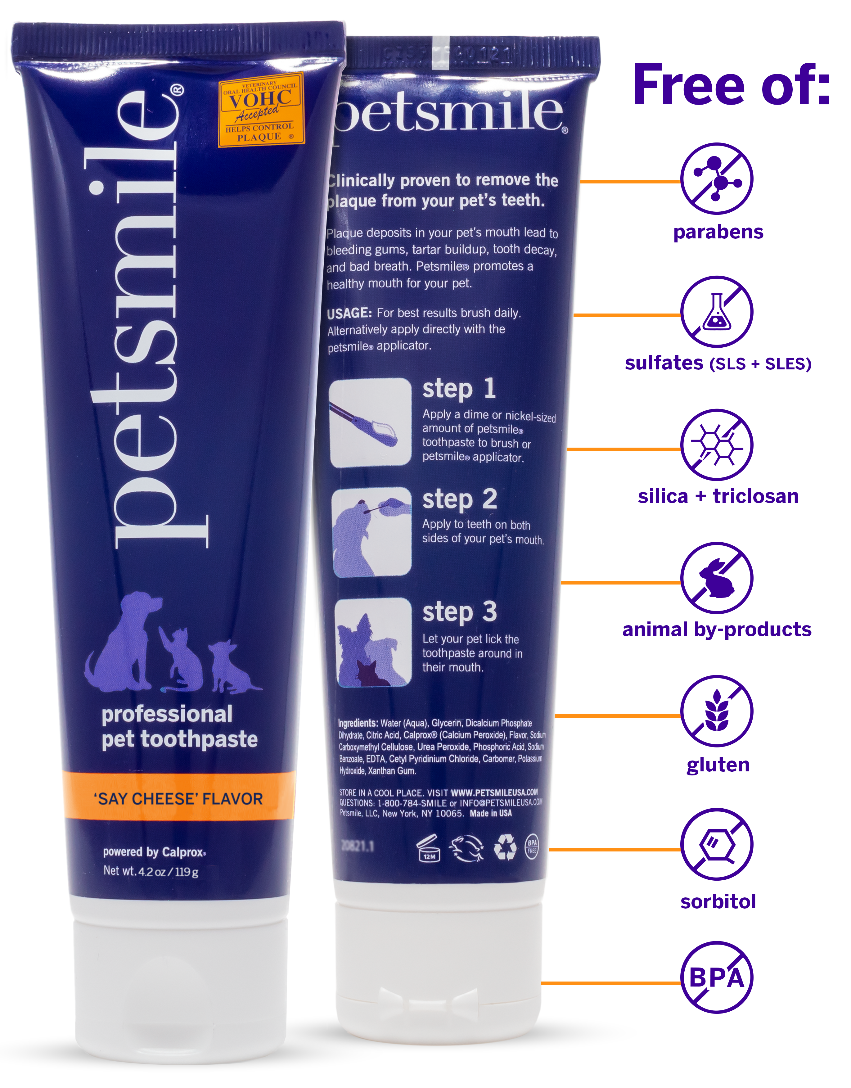 Improved dental health, fresher breath , Large tube of Say Cheese flavor , Large purple tube of petsmile toothpaste , BPA-free, vegan, VOHC certified , 2.5 OZ of Say Cheese flavor toothpaste