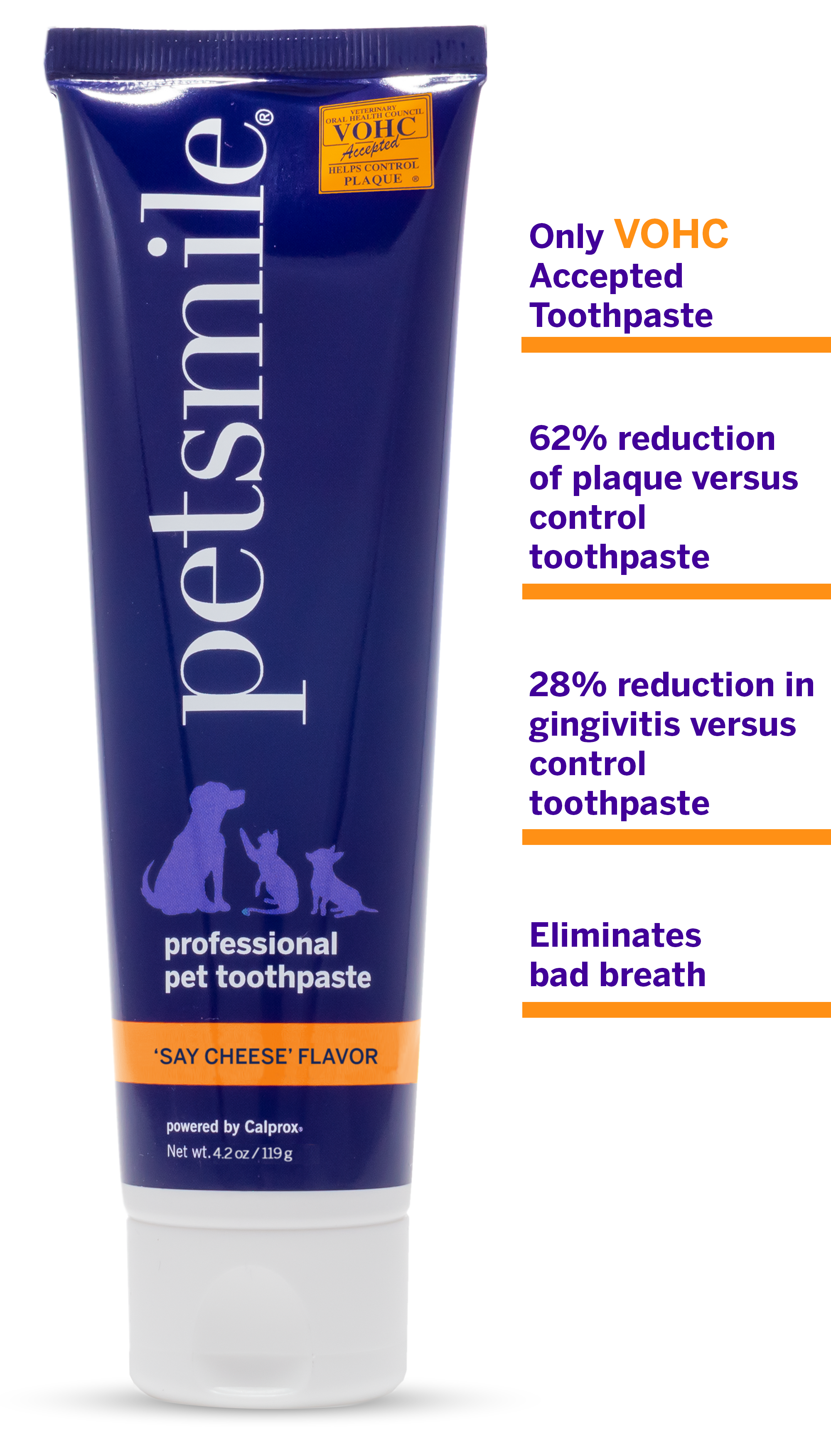 The petsmile Professional Dog Toothpaste Say Cheese Large & Professional Dog Toothbrush, VOHC accepted, reduces plaque by 62%, gingivitis by 28%, and eliminates bad breath—trusted for professional veterinary dental care.