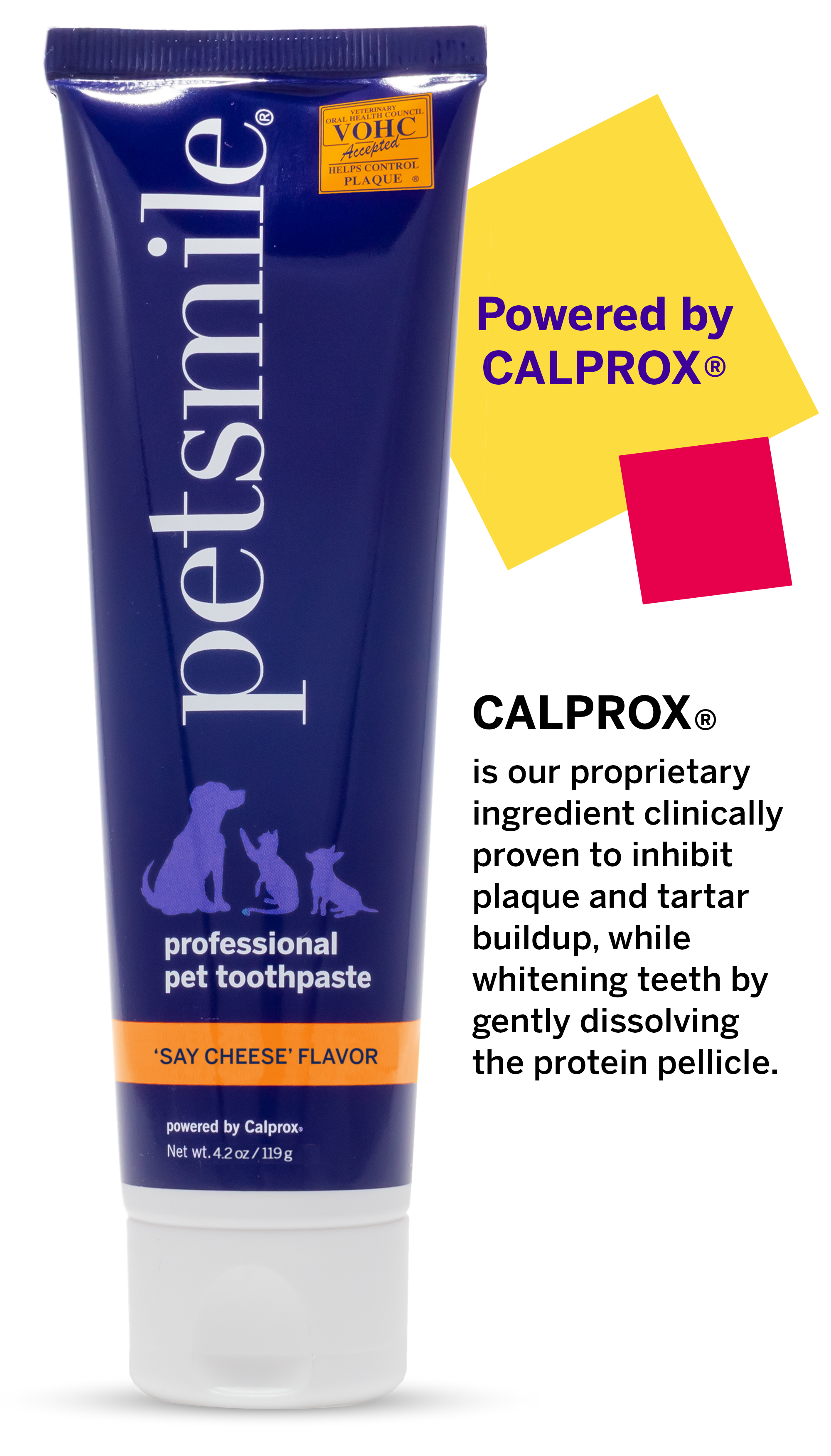 A tube of petsmile Professional Dog Toothpaste Say Cheese Large and the Professional Dog Toothbrush stand upright. Text highlights CALPROX®, VOHC-accepted, as the key ingredient for whitening and reducing plaque and tartar in dogs.