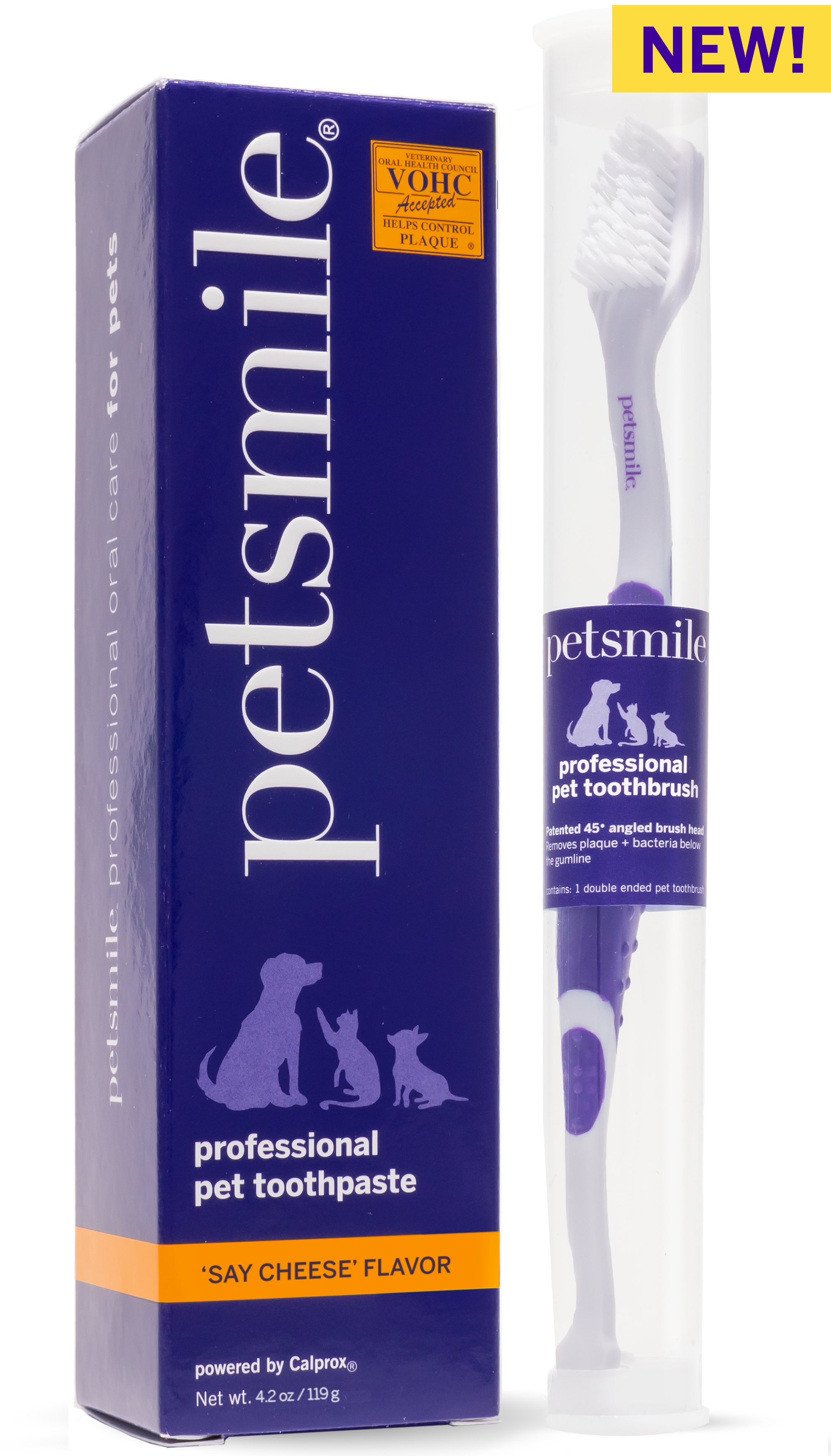 A box and toothbrush packaging for petsmile Professional Dog Toothpaste Say Cheese Large and Professional Dog Toothbrush, featuring animal silhouettes, a NEW! label, VOHC acceptance for dental care, and the visible toothbrush beside the toothpaste box.