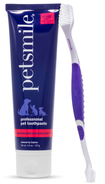 Complete dental care for dogs , Purple petsmile dog brush and toothpaste kit , 45-degree angle brush and toothpaste , VOHC approved dog toothpaste in Roisserie Chicken flavor , petsmile dental care for professional results